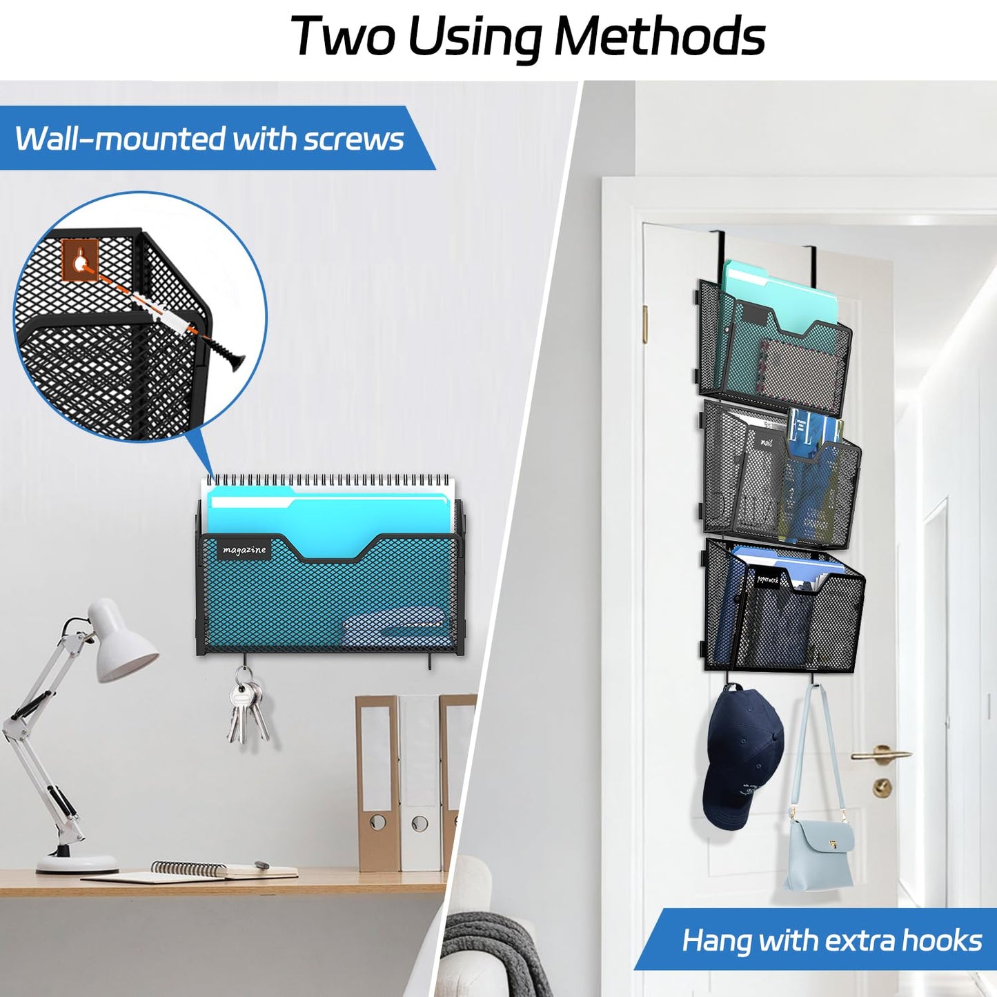 ReePlan 6 Pack Metal Wall File Organizer, Heavy Duty Hanging Mail Holder, Space Saving Over Door & Wall Mounted Storage for Office, Home & School(with 2 Metal Hooks)