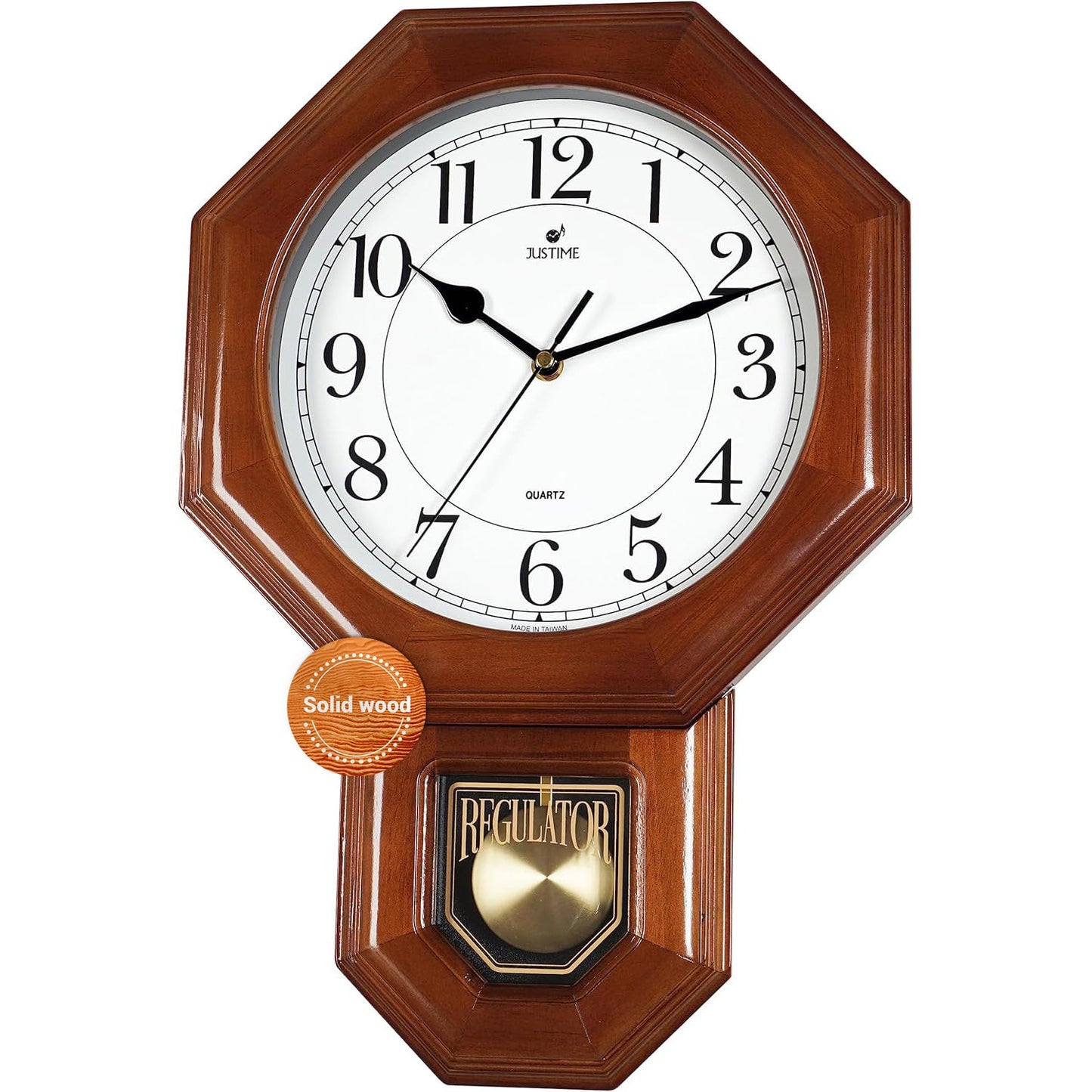 JUSTIME Traditional Schoolhouse Solid Wood Pendulum Wall Clock Chimes Hourly with Westminster Melody Chime Made in Taiwan (Dark Wood w/Westminster Chime)