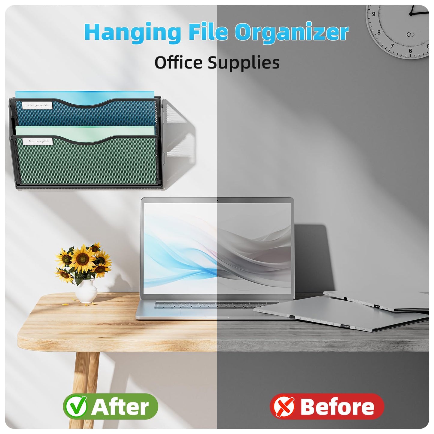Marbrasse Wall File Holder 2-Tier Hanging Wall File Organizer, Mesh Mail Holder for Papers, Wall Mount File Clipboard & Magazine Organizer Great for Office Home - 2P