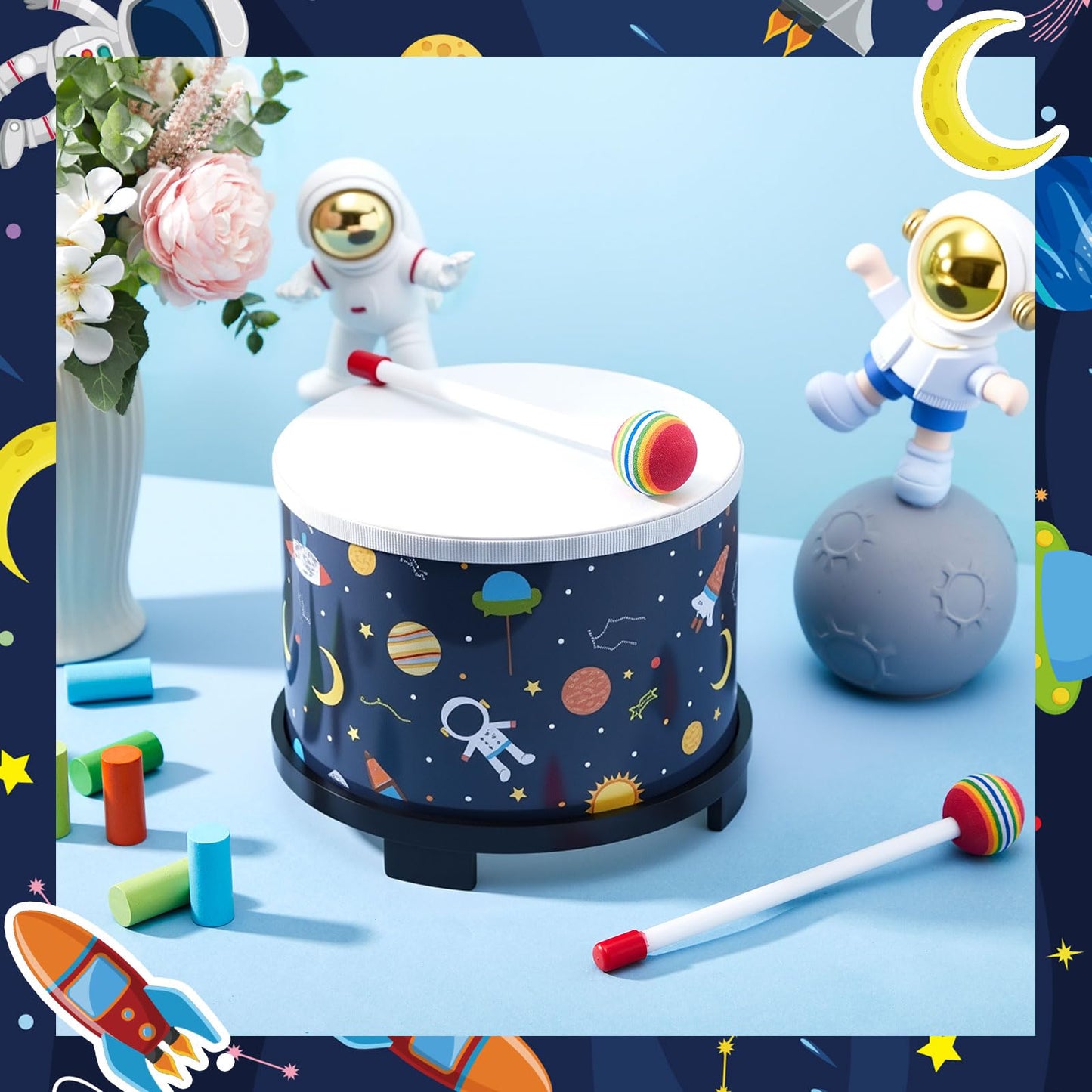 Boao Floor Tom Drum for Kids 8'' W x 6.5'' H Wooden Percussion Instrument Music Drum with 2 Rainbow Mallets Astronaut Educational Toys for Baby Children Toddler Boy Girl Birthday Gift