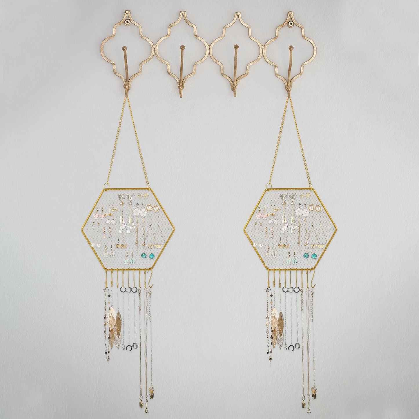 Jetec 2 Pcs Earring Wall Holder Wall Mounted Earring Organizer Hanging Jewelry Stand Decorative Diamond Grid Shape Display Rack with Hooks for Earrings Necklace Bracelet(Gold)