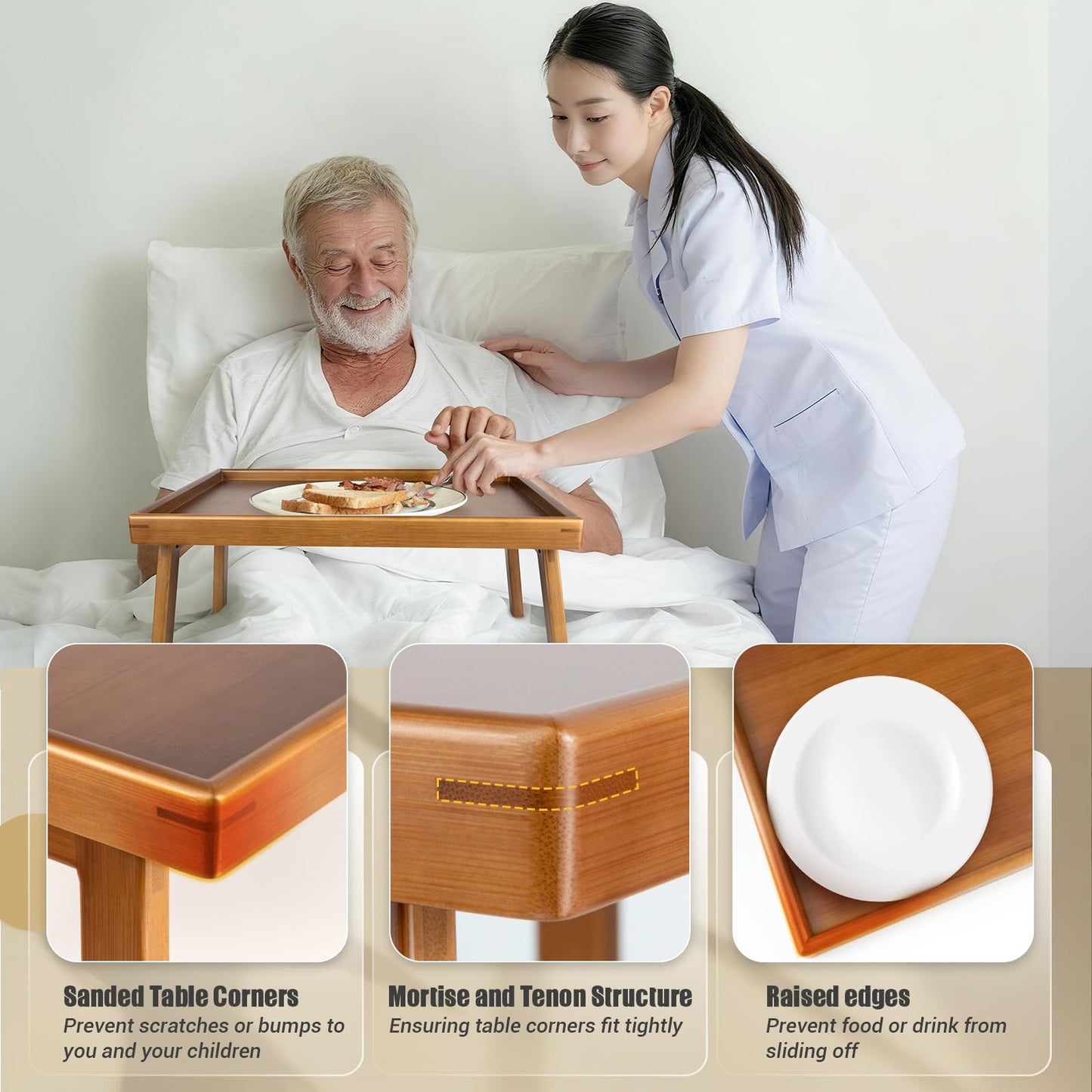 Bmboryxa Bamboo Bed Table Tray with Support Bar and Foldable Legs, Breakfast Food Trays Table for Bed Sofa Eating and Laptops, TV Lap Tray Table on Couch (Applied for Invention Patent)