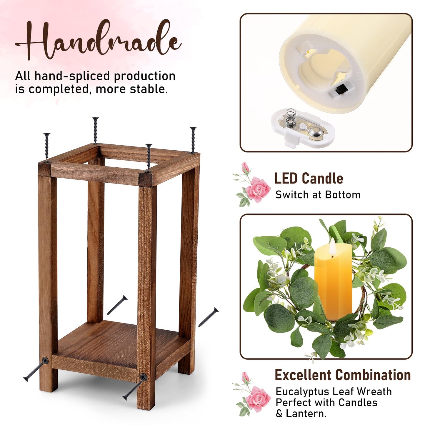 Geelin 12 Set 7.87'', 10.59'', 13'' Brown Wooden Lanterns for Wedding Centerpieces Include 12 Wooden Lantern 12 LED Candle 12 Eucalyptus Leaves Wreath for Wedding Baby Shower Farmhouse Table Decor