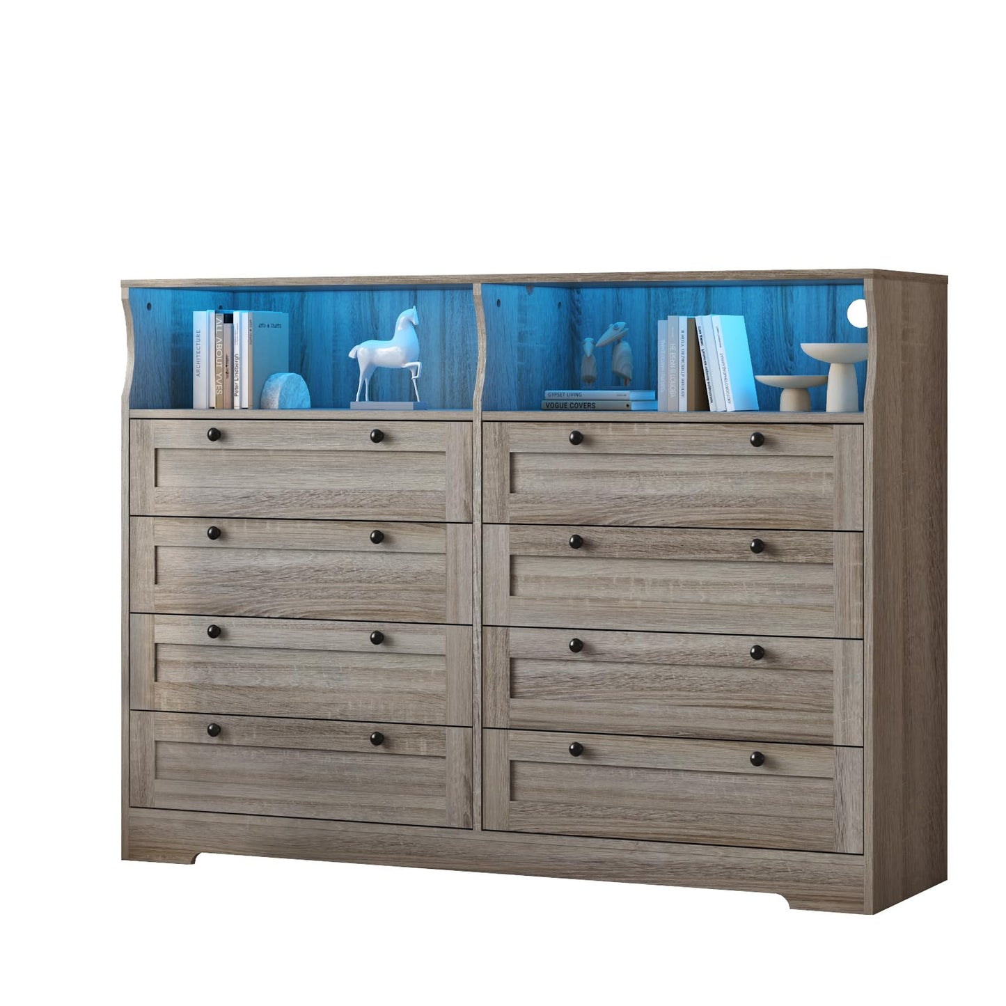 GAOMON 8 Drawer Wooden Dressers for Bedroom with Power Outlet and LED Lights, Grey Wood Chest of Drawers with Deep Drawer, Modern Wide TV Stand Dresser for 55" TV for Bedroom, Living Room, Hallway