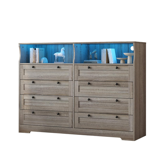 GAOMON 8 Drawer Wooden Dressers for Bedroom with Power Outlet and LED Lights, Grey Wood Chest of Drawers with Deep Drawer, Modern Wide TV Stand Dresser for 55" TV for Bedroom, Living Room, Hallway