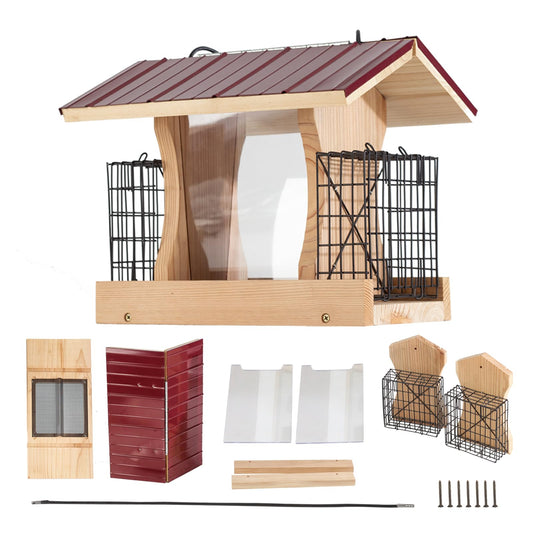 XL Hopper Bird Feeder for Outside - DIY Birdfeeder Kits for Adults to Build - Ranch Feeder W/Suet Cages - Heavy Duty 3/4" Red Cedar - Longtime Durability - 10 Lbs Compacity, 13" Size