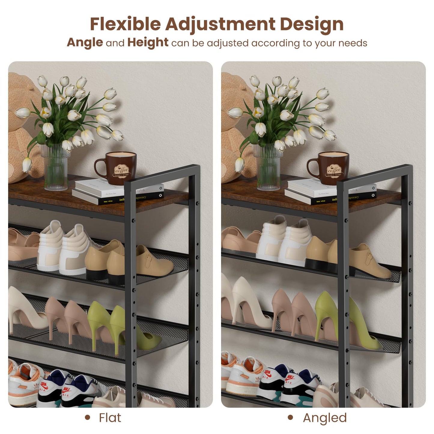 BASICS4ALL 4 Tier Shoe Rack for Entryway, Metal Shoe Rack Heavy Duty with Wooden Top & Adjustable Mesh Shelves, Shoe Storage Organizer for Front Door Entrance/Closet/Bedroom/Dorm/Garage
