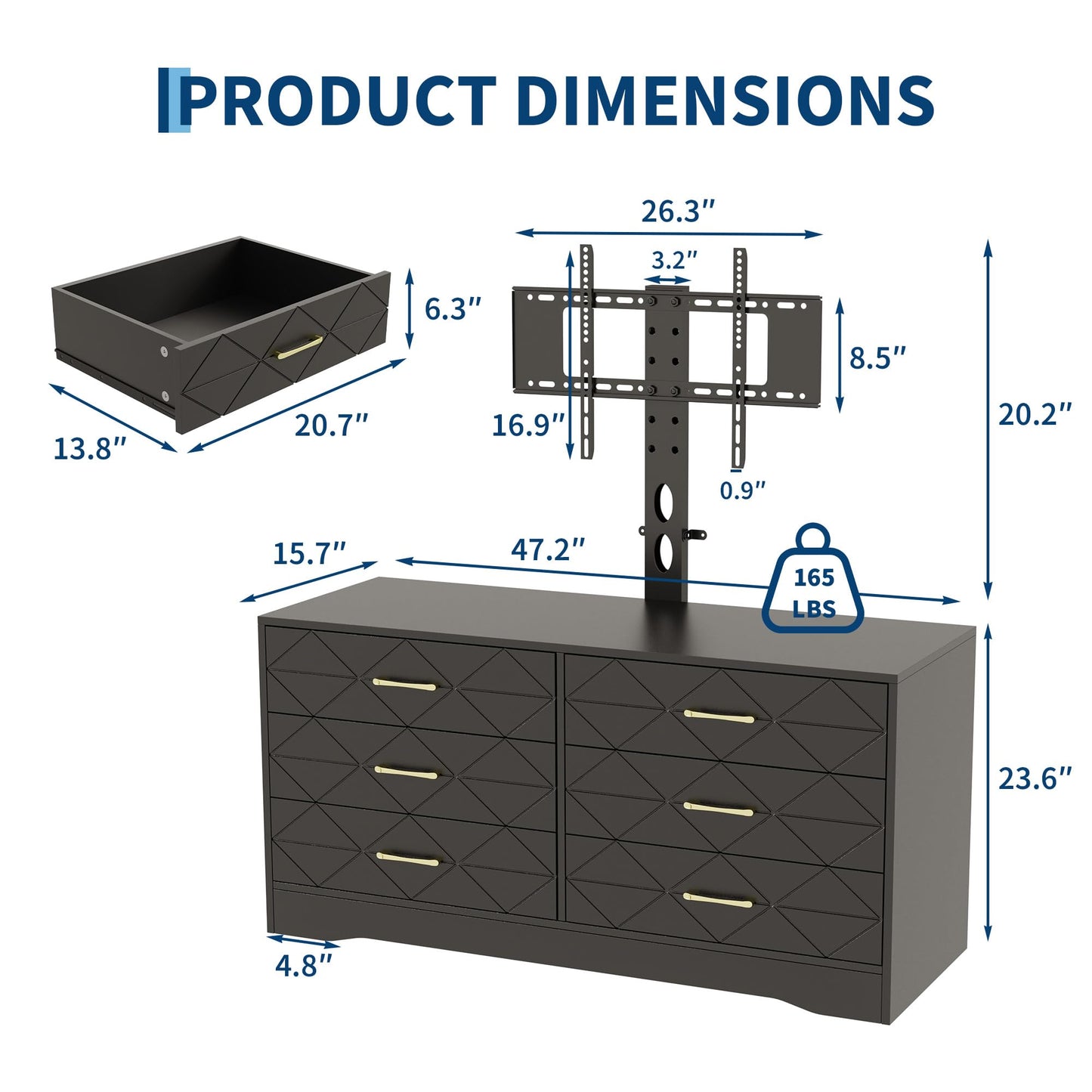 Garvee TV Stand with 6 Storage Drawer for Living Room, Bedroom, Black TV Stands w/Height Adjustable Mount Fit 32-80 Inch TVs, Universal Wooden Dresser As Entertainment Center, Farmhouse Console Table