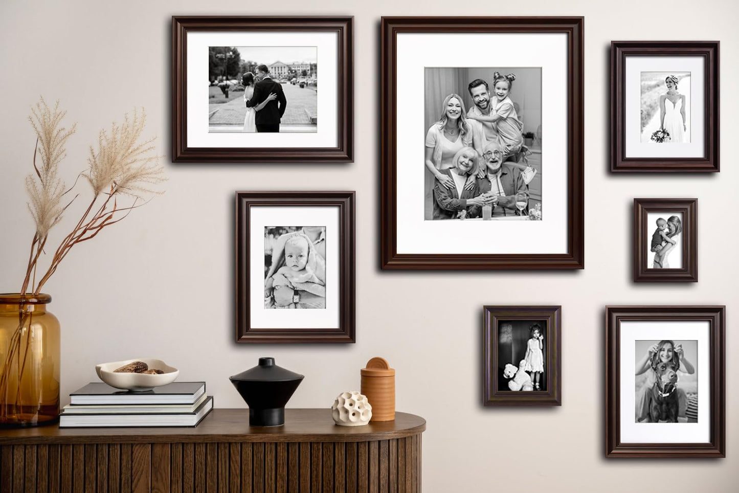 Yaetm 8x10 Picture Frame Matted to 5x7 Set of 4, 1.4” Wide Molding & Dark Brown Photo Frames 8 x 10 with HD Tempered Glass, Display on Tabletop & Wall Mounting (4 pack, Brown)