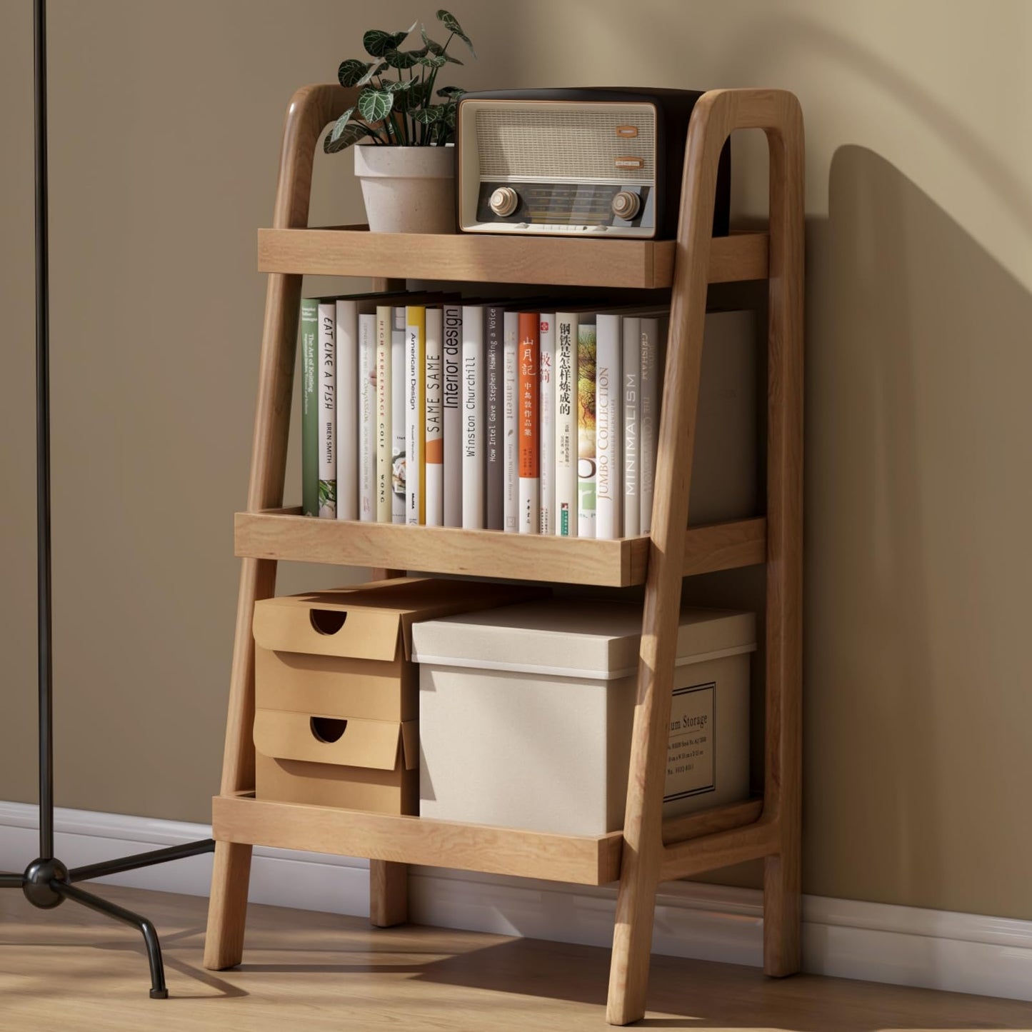 Vadisun 100% Solid Oak 3 Tier Ladder Shelf, Small Bookshelf, Ladder Bookshelf, Bookcase with Stable Frame, Small Table for Living Room Bedroom(Natural, 12.6" L x 17.72" W x 31.5" H)