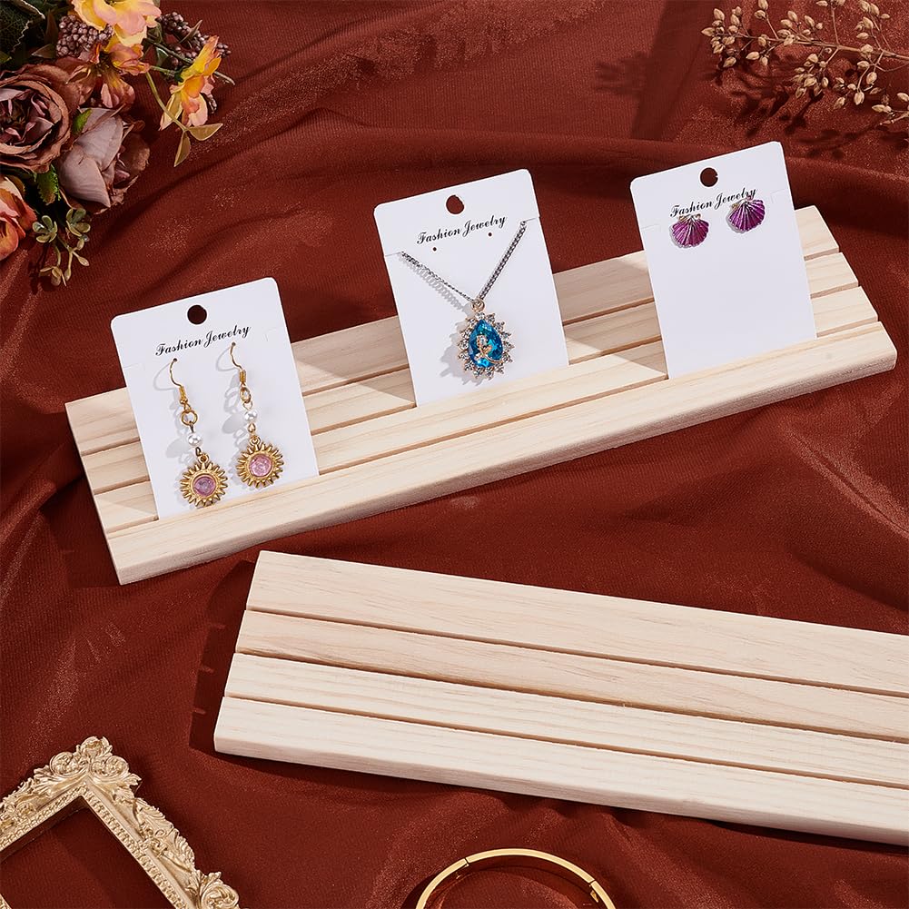 PH PandaHall 2PCS Wooden Earring Display Stand 3 Slot Business Card Holder Jewelry Show Tray Rectangle Ring Organizer Holder for Tabletop Shows Ring Craft Showing Jewelry Display, 11.8x3x0.4inch