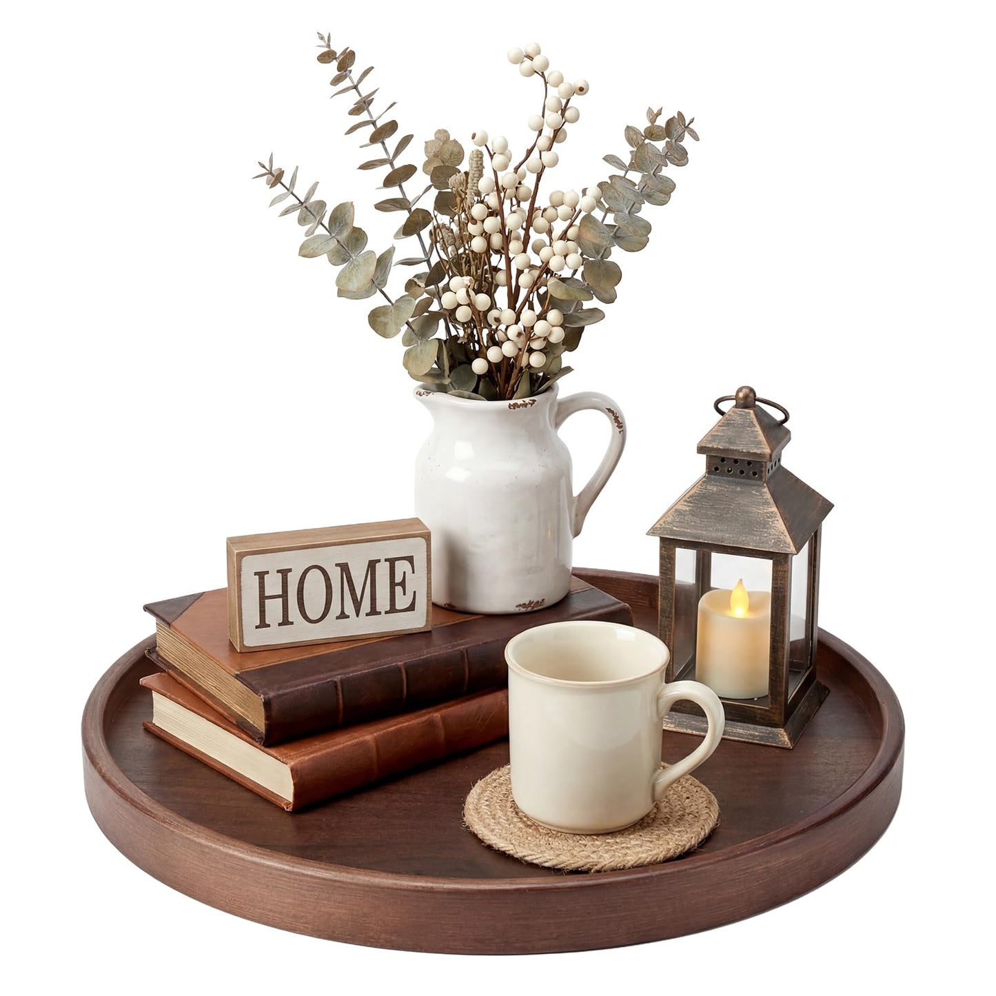 Round Natural Wood Tray - 12 Inch Decorative Serving Tray with Handles, Solid Wooden Coffee Table Tray for Ottoman, Vanity, Entryway, Snacks, Drinks & Home Decor