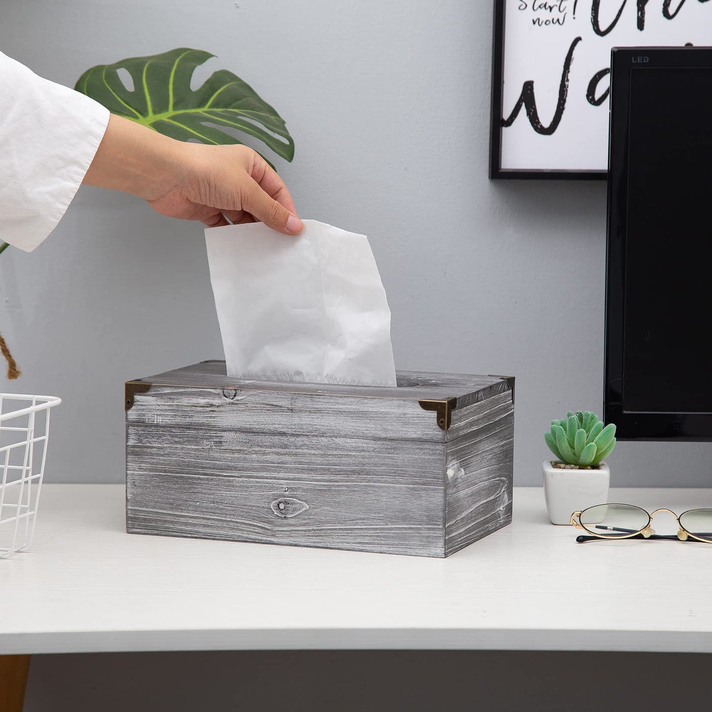 Distressed Wooden Rustic Tissue Box Holder Tissue Box Cover Napkin Dispenser for Bathroom Living Room Dining Room Bedroom Toilet (Grey White)