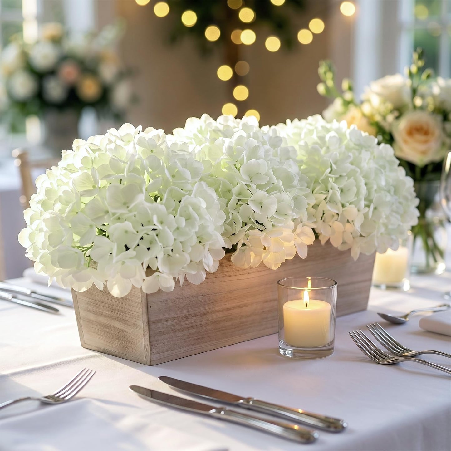 21" Large Artificial Hydrangea Arrangement in Planter for Table Centerpiece, Lifelike Fake Hydrangea Potted Plant, Silk Faux Flowers in Wood Planter for Farmhouse Home Office Shower Decor (White)
