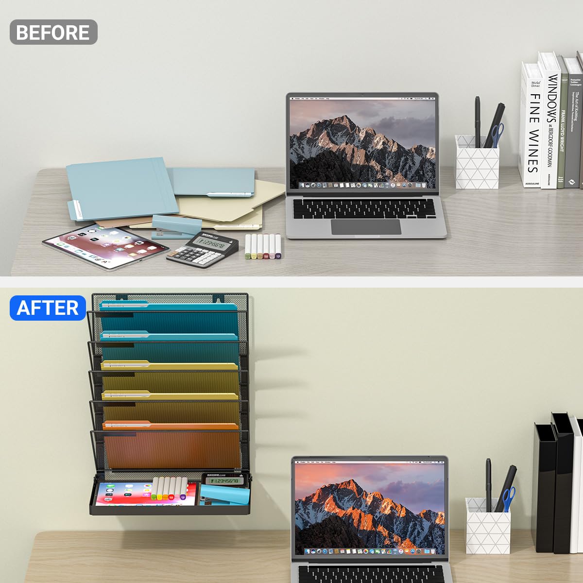 Legal/A4/Letter Size/A3 6 Tier Wall File Organizer,2-in-1 Wall Mounted&Desktop File Holder,2 Installation Methods Screws & Adhesive,Mesh Document Organizer with Label Plate for Home Office