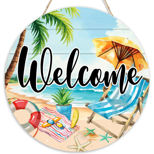 Beach Welcome Wooden Hanging Sign,Sandbeach Summer Wooden Door Signs for Front Door Wall Porch Yard Indoor Outdoor Garden Decoration