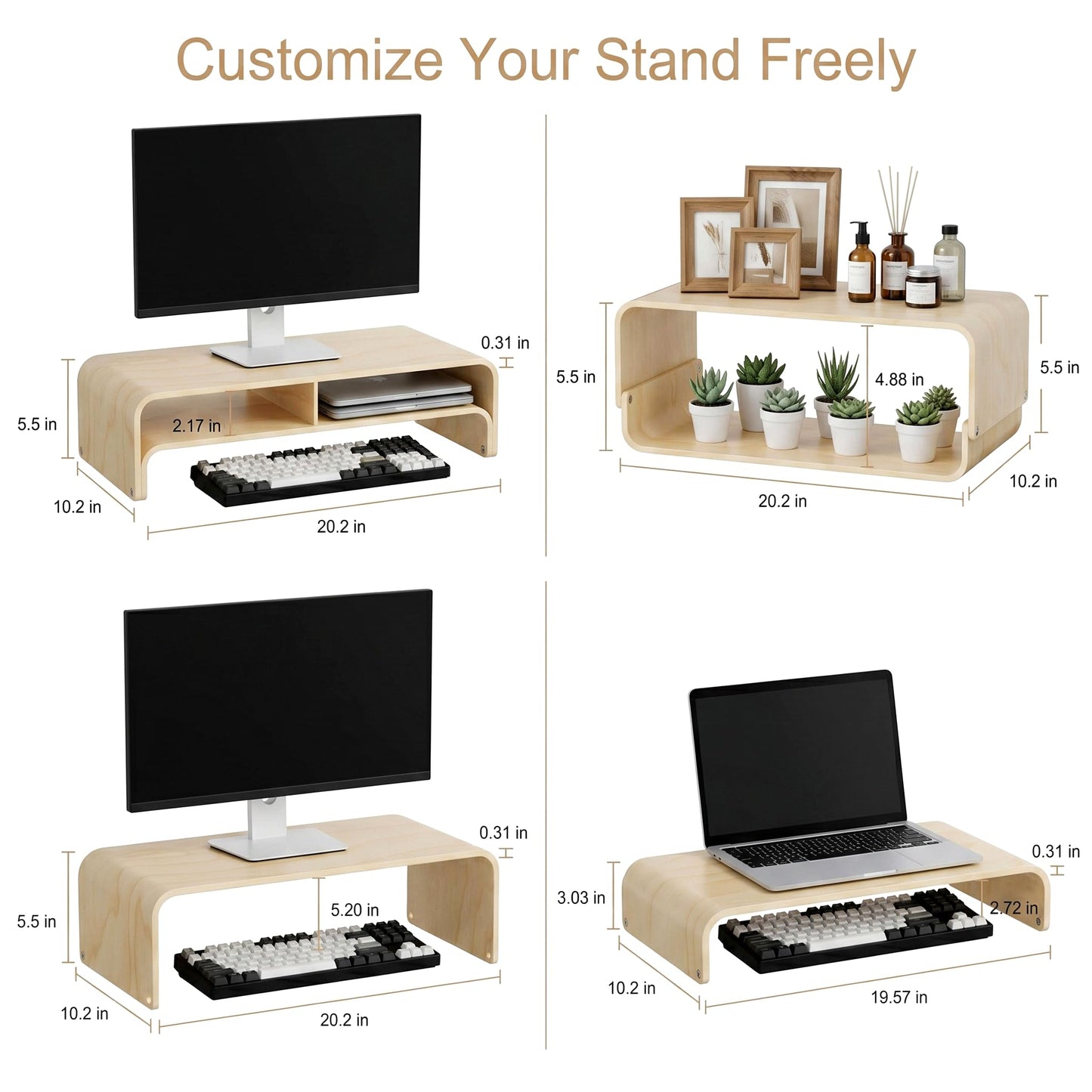 APRTAT Wood Monitor Stand Riser, Solid Woodon Dual Monitor Riser with Storage, 2-Tier Natural Monitor Riser with Storage, Computer Stand Keyboard Organizer
