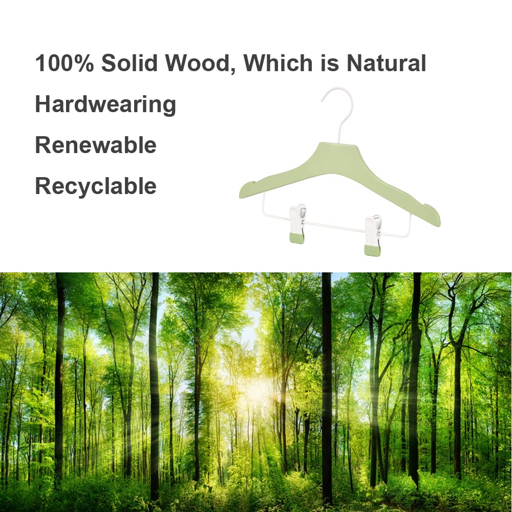 HELEE Green 12.7" Ultra-Thin Wooden Children Closet Clothes Clips Hangers 20PCS Wood Baby Kids Coat Hangers for Infant Toddler Newborn Jumpsuit Pants Skirts Jeans Space Saving Heavy Duty Durable