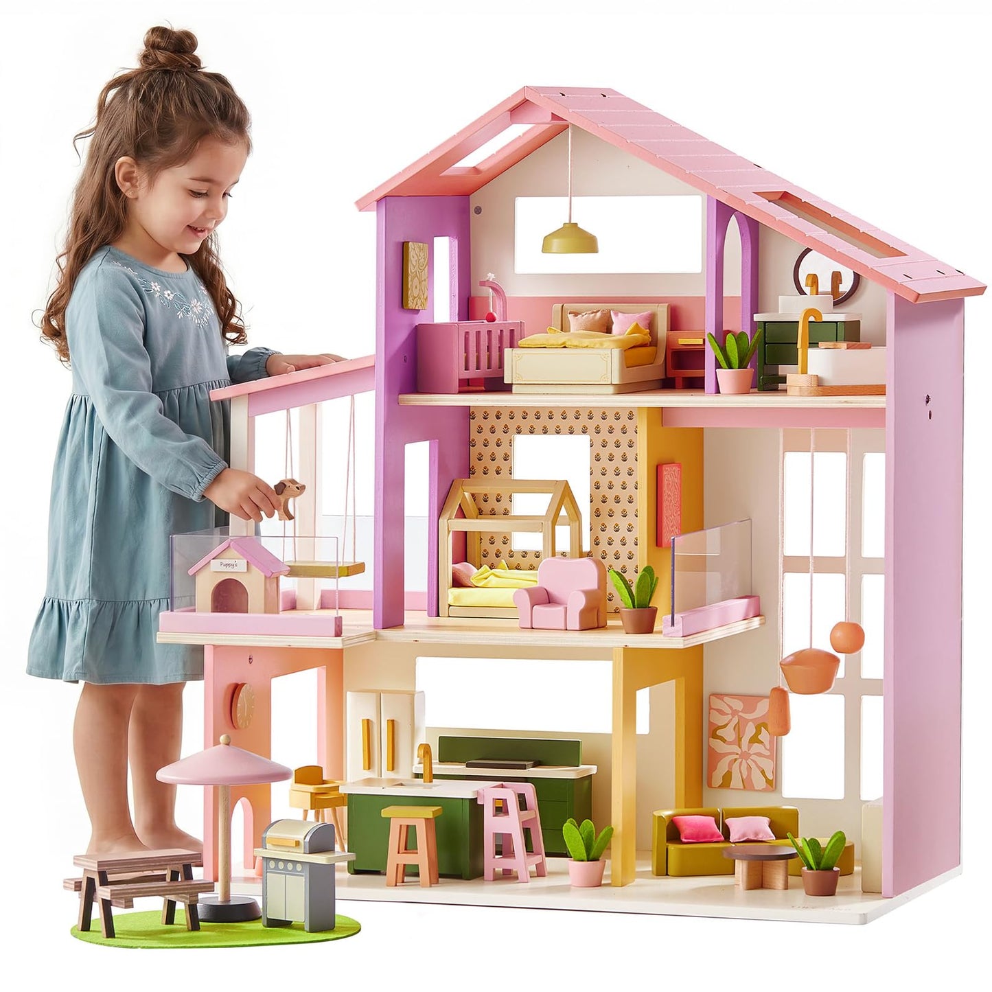 Tiny Land Wooden Doll House, Modern Family Dollhouse with Realistic Design, 7 Rooms Dollhouse with 49 PCS Accessories, Montessori Pretend Play Toddler Toy, Ideal Gift for Kids Ages 3+, Pink