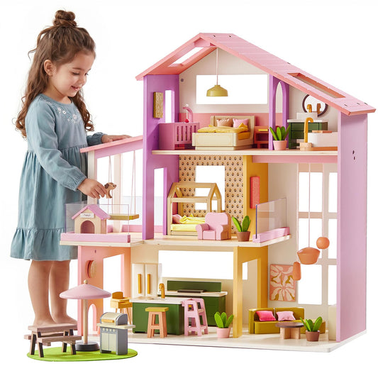 Tiny Land Wooden Doll House, Modern Family Dollhouse with Realistic Design, 7 Rooms Dollhouse with 49 PCS Accessories, Montessori Pretend Play Toddler Toy, Ideal Gift for Kids Ages 3+, Pink