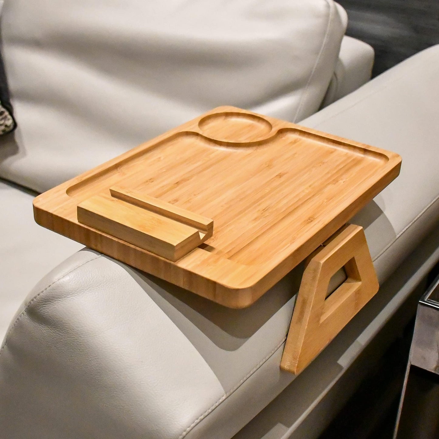 Couch Arm Tray Table Clip on Sofa, Armrest TV Tray Table with 360° Rotating Phone Holder, Solid Bamboo Side Table for Wide Couches Arm, Gift for Mom Dad or Friends，Fits Sofa Arms 6-10 inches Wide