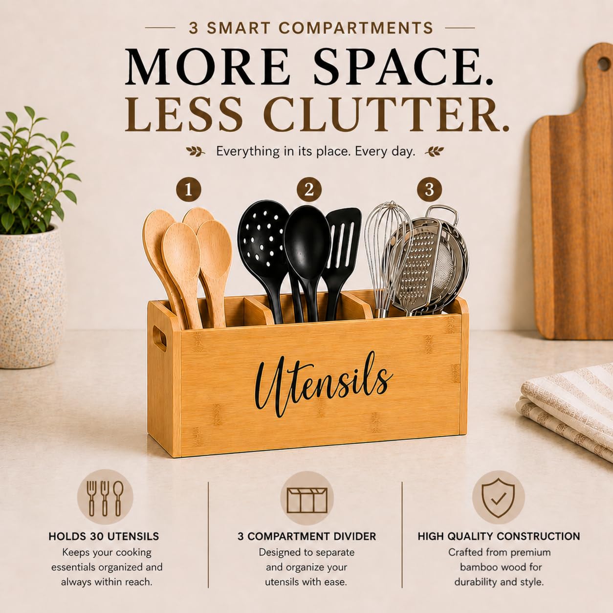 Bamboo Kitchen Utensil Holder for Countertop – Large 3-Compartment Cooking Utensil Organizer & Caddy with Drain Holes, Farmhouse Bamboo Holder for Kitchen Counter, Wood Storage for Spatulas & Spoons