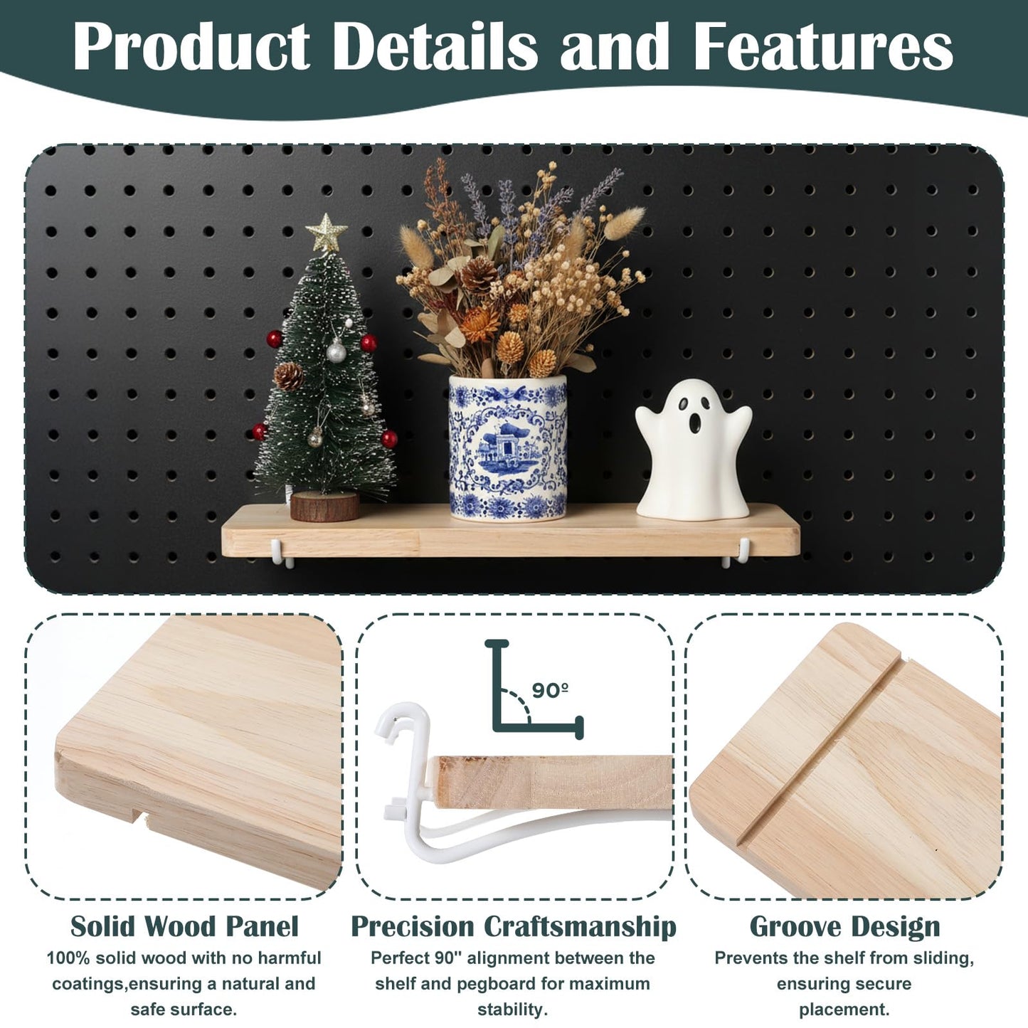 2 Pack Pegboard Shelves, Solid Wood Wall Shelf with Hooks, Solid Wood Pegboard Shelf, High Balance and No tilt, Wooden Pegboard Shelves for Metal Pegboard, Organizer Accessories for Home & Office