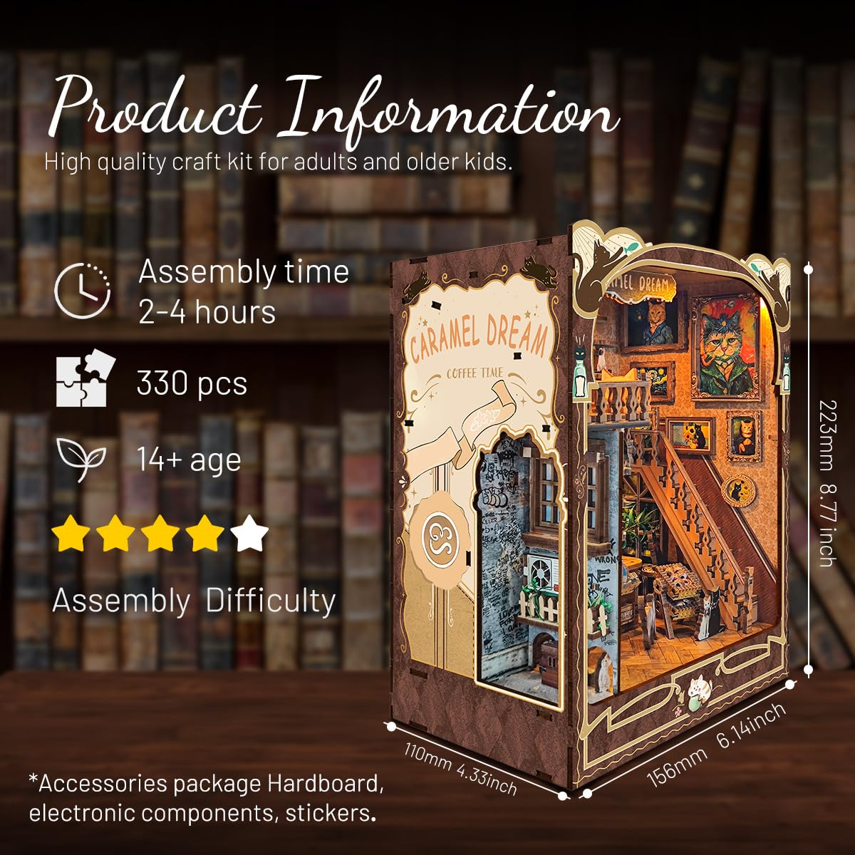 IBOHEYE Book nooks DIY Dollhouse Kit for Adults 3D Stereo Assembly Night Light Sensing Wooden Bookend Jigsaw Building Model Gifts for Family,Friends (Caramel Dreams)