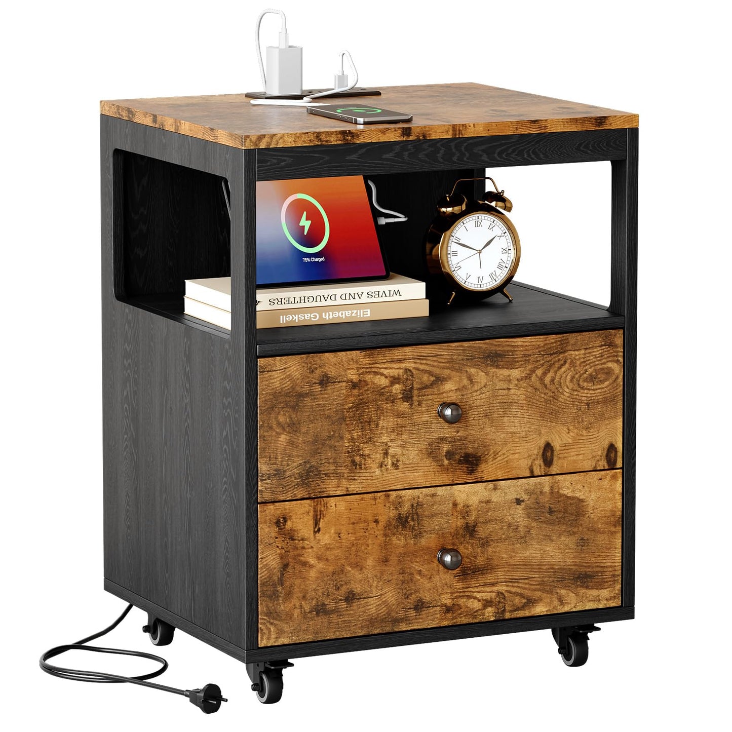 Tbimercftra Bedroom Nightstand with Charging Station, Side Table with 2 Drawers,Sofa End Table Living Room with Wheels for Living Room Bedroom Office(Rustic Brown + Black)