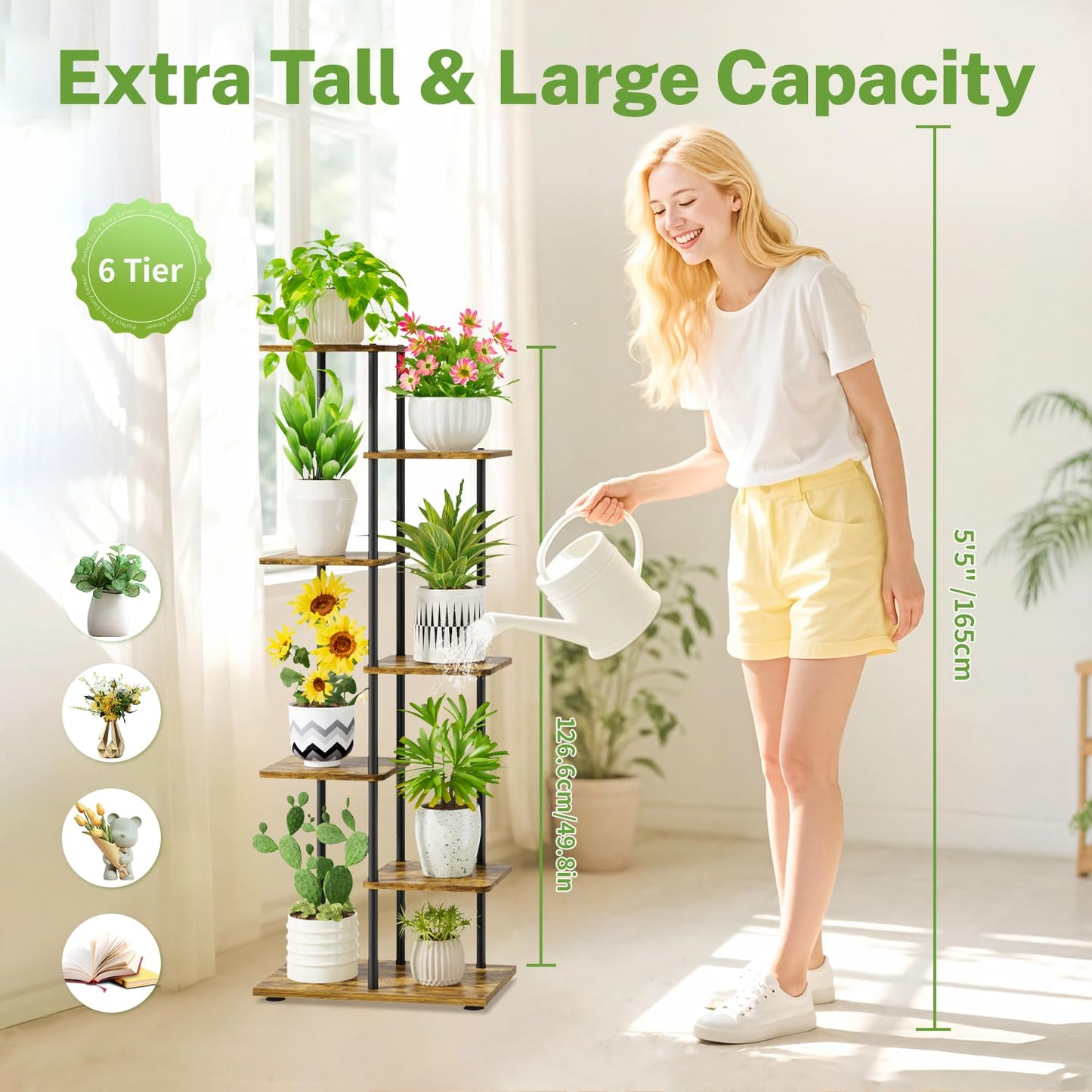 iDavosic.ly 6 Tier Plant Stand Indoor Outdoor Set of 2, Metal Wood Corner Flower Pot Holder Shelf and 50 Inch Tall Orchid Display Rack for Patio Porch Living Room Balcony, Modern Black & Rustic Brown