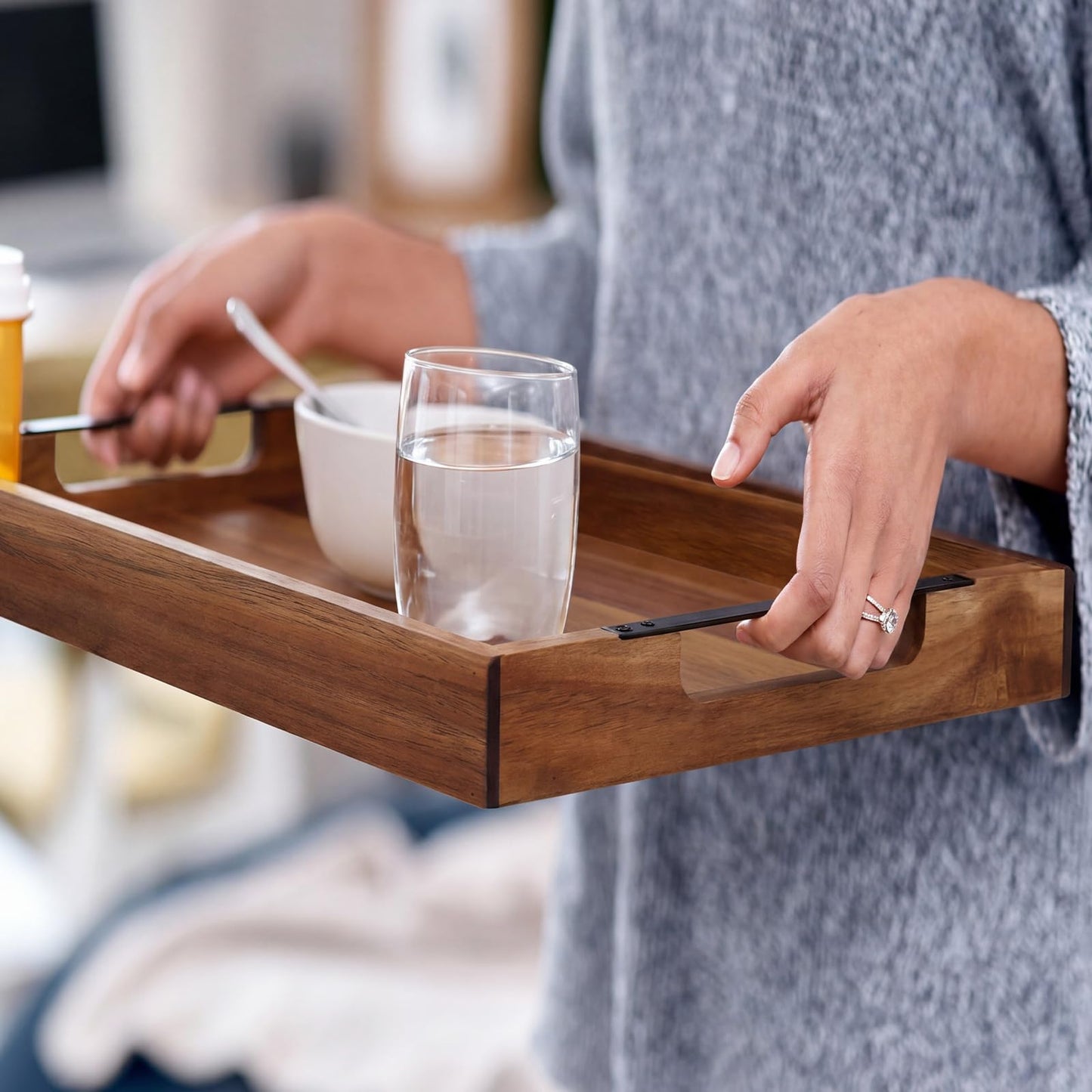 Sliner 2 Pcs Acacia Wood Serving Tray with Metal Handles, 17x13 Inch Large Ottoman Trays for Coffee Table, Breakfast in Bed, Dinner, Bar Serving, Farmhouse Decorative Storage Tray for Ottoman, Kitchen