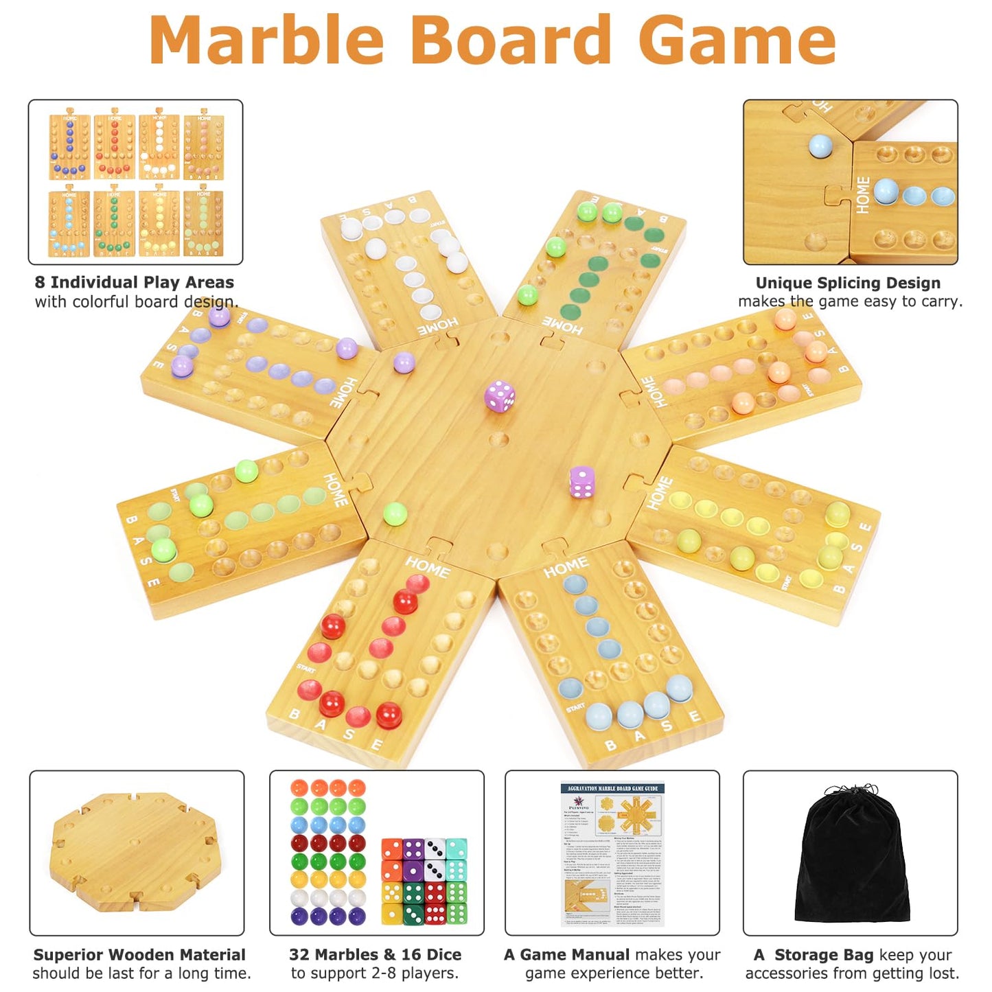 Marble Board Game,Wooden Board Game for 6-8 Players,Portable Design Marble Game with 32 Marbles 16 Dice, Family Game Night Gift for Kids & Adults