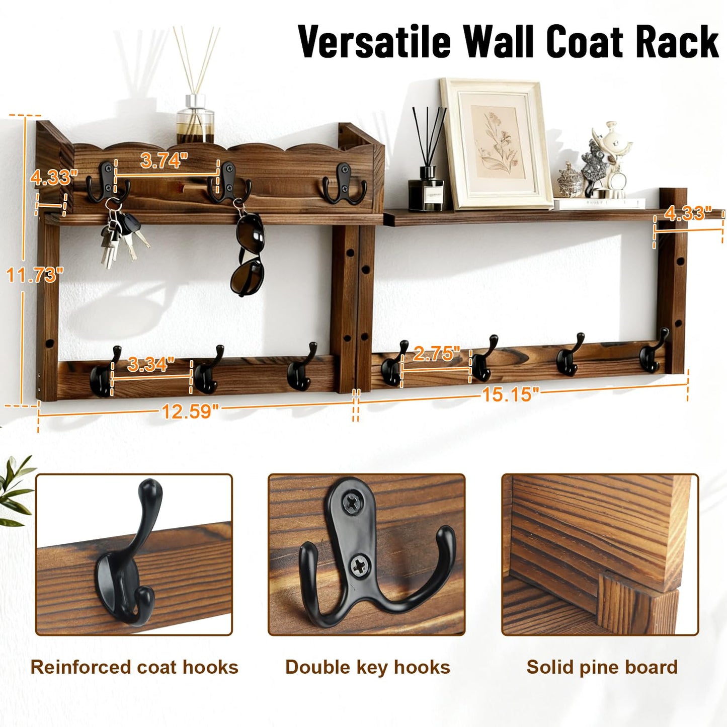 Dellicasi 28" Coat Rack Wall Mount with Shelf, Entryway Key Holder Wall Mount Wood Wall Coat Hooks with 7 Hooks 3 Key Hanger, Wall Mounted Coat Rack Mail Holder for Living Room, Bedroom
