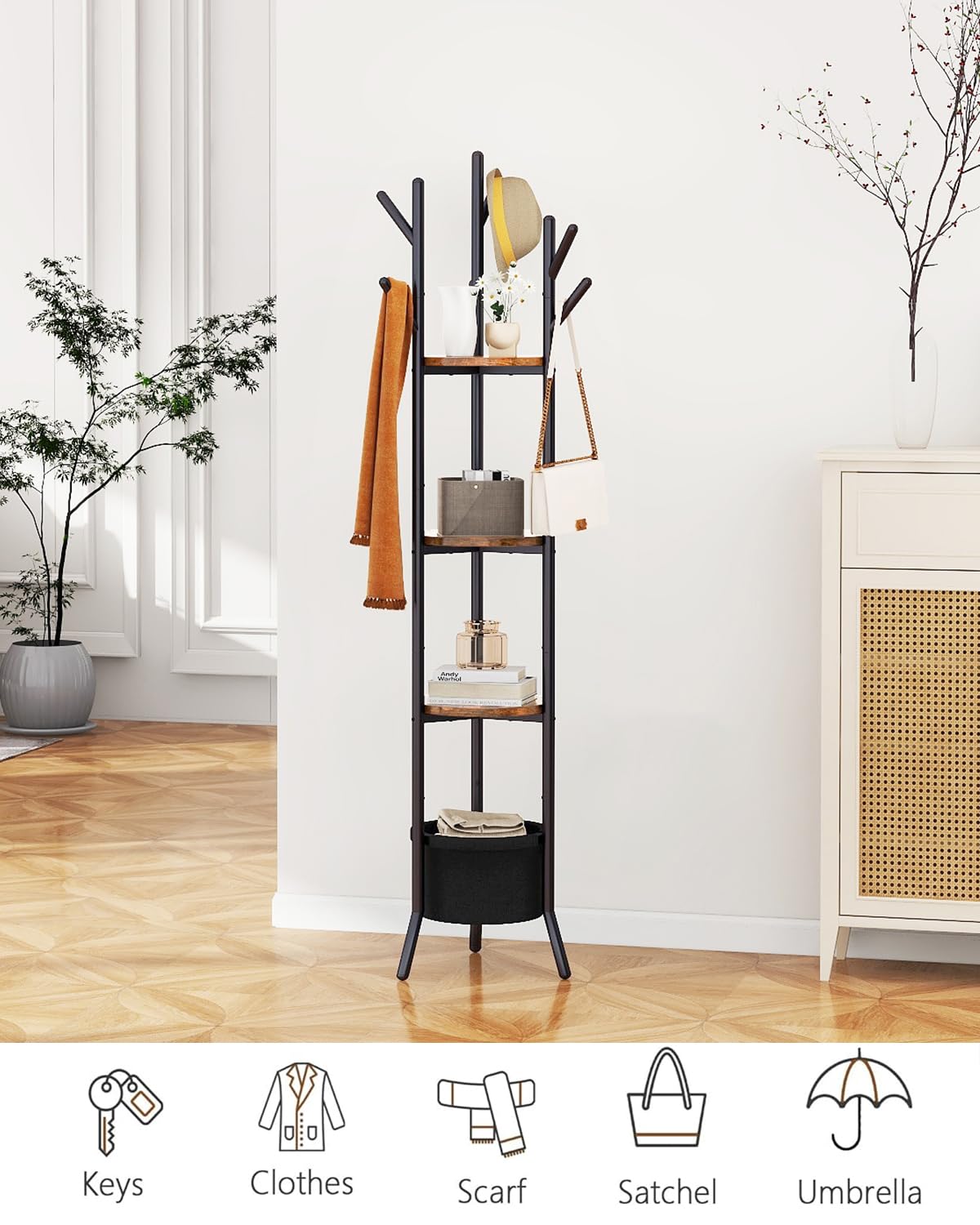YMYNY Coat Rack, Freestanding Coat Stand with Storage Shelves, Hall Trees with 3 Wooden Shelves and 1 Fabric Basket, Metal Clothes Stand for Hats Bags Hallway Bedroom Rustic Brown UHGR005H