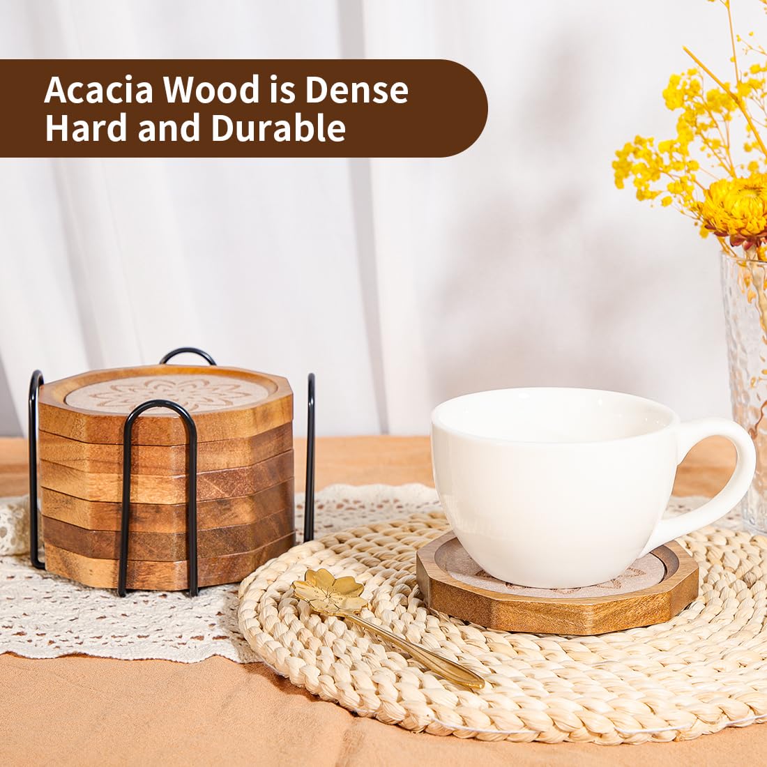Wood Coasters for Drinks Absorbent with Lip, 4.3 Inch Acacia Wood Camel Felt Coaster with Holder for Wooden Coffee Table for Cups, Mugs, and Glasses - Set of 6