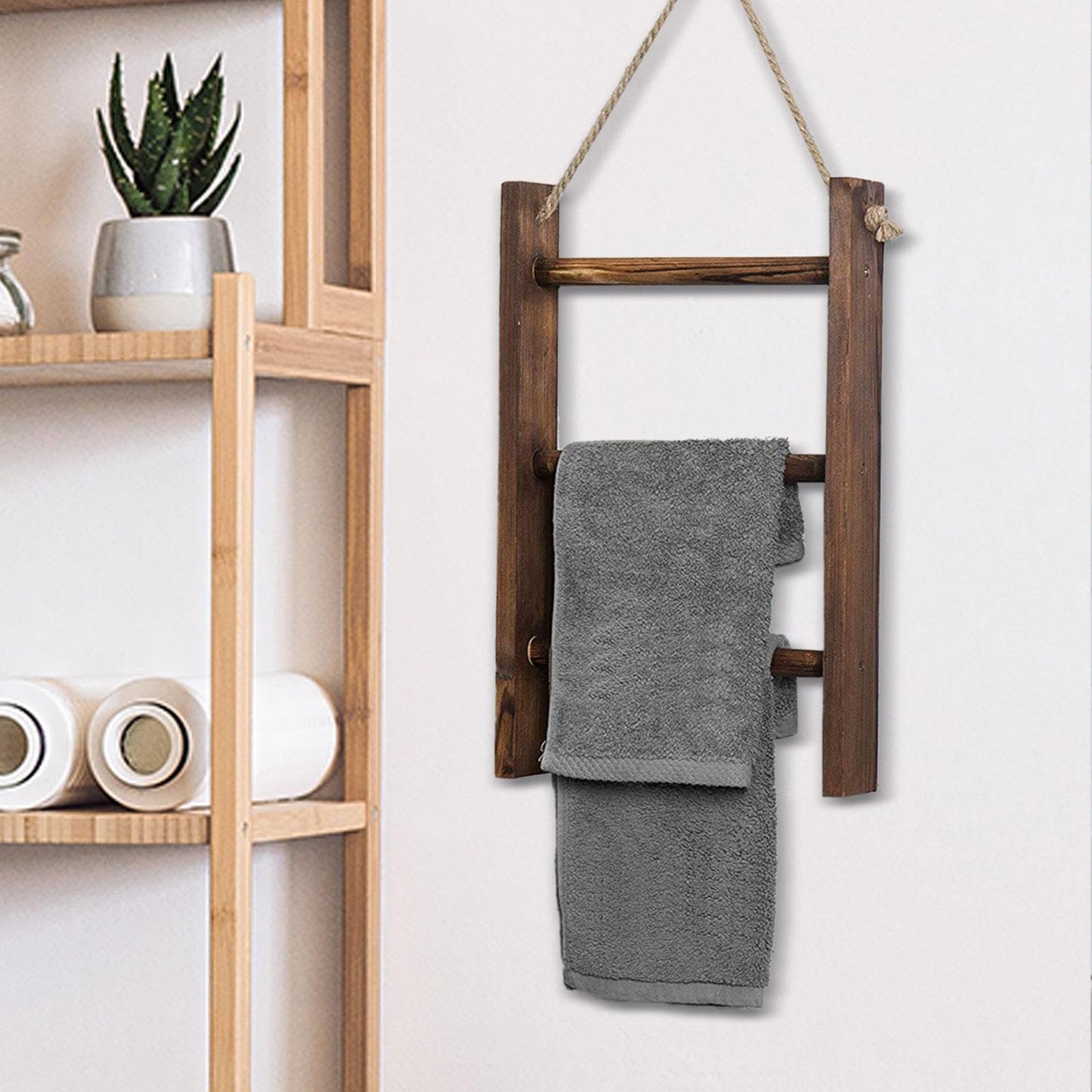 FewNvWa Wooden Towel Rack Bath Towel Holder Modern with Rope for Home Hotel