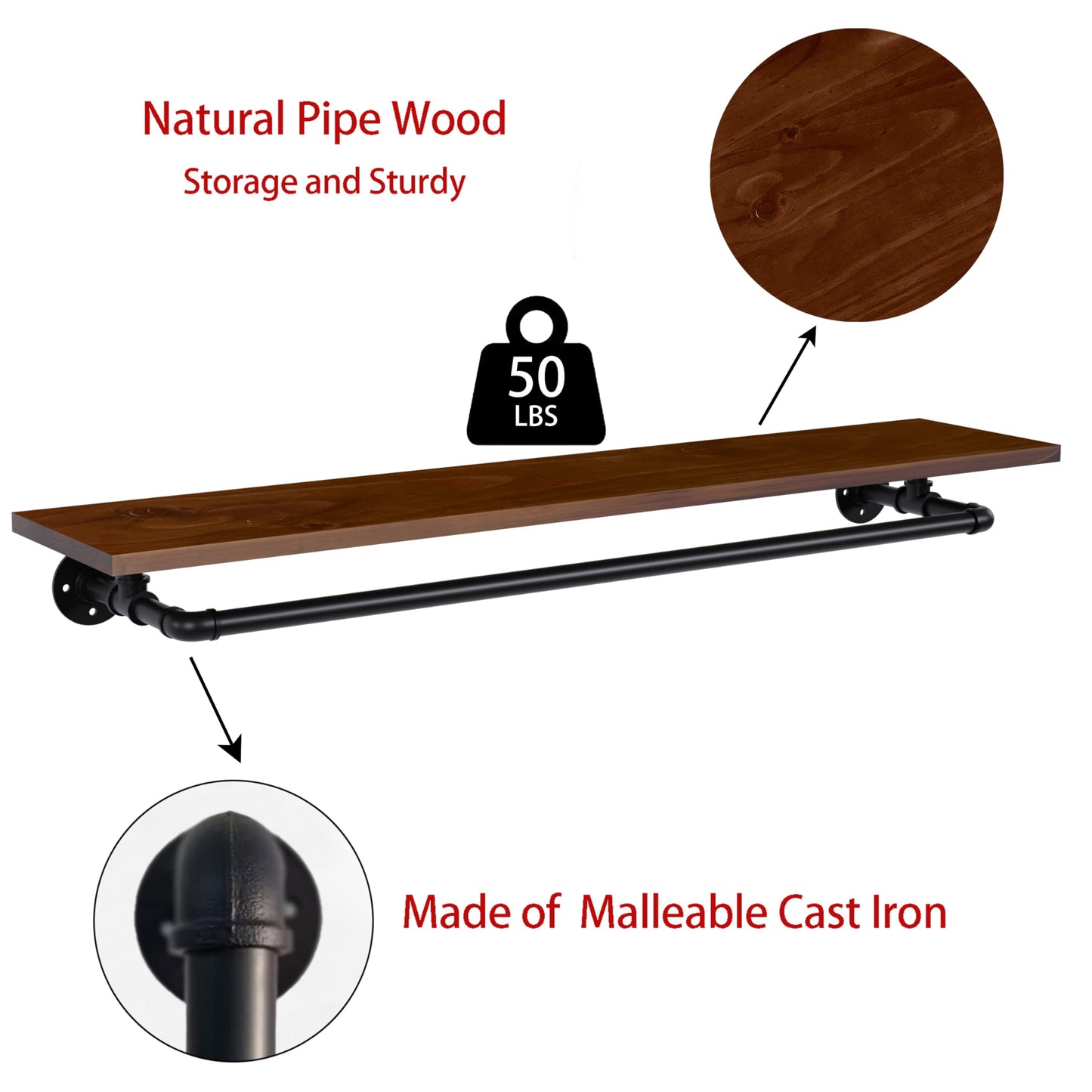 TEDIDUWA Clothes Rack 36in, Wall Mounted Garment Rack with Real Walnut Wood Shelf, Heavy Duty Hanging Clothes shelf, Multi-Purpose Hanging Rod, Space-Saving Closet Storage (Walnut, 1T36IN)
