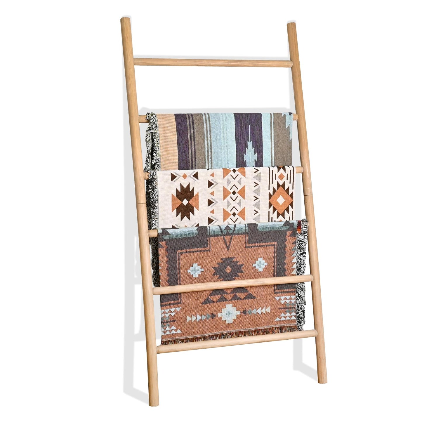 FUIN 6.4ft Extra Wide Wood Blanket Ladder Living Room Decorative Wall Leaning Farmhouse Quilt Display Holder Rustic Wooden Towel Rack for Bathroom, Brown, 38 inch Wide