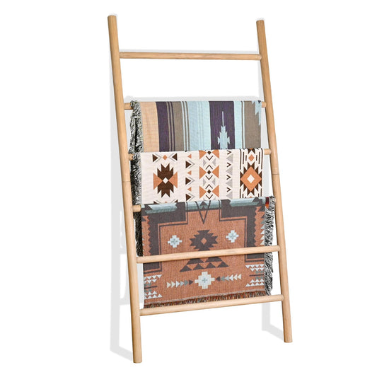 FUIN 6.4ft Extra Wide Wood Blanket Ladder Living Room Decorative Wall Leaning Farmhouse Quilt Display Holder Rustic Wooden Towel Rack for Bathroom, Brown, 38 inch Wide
