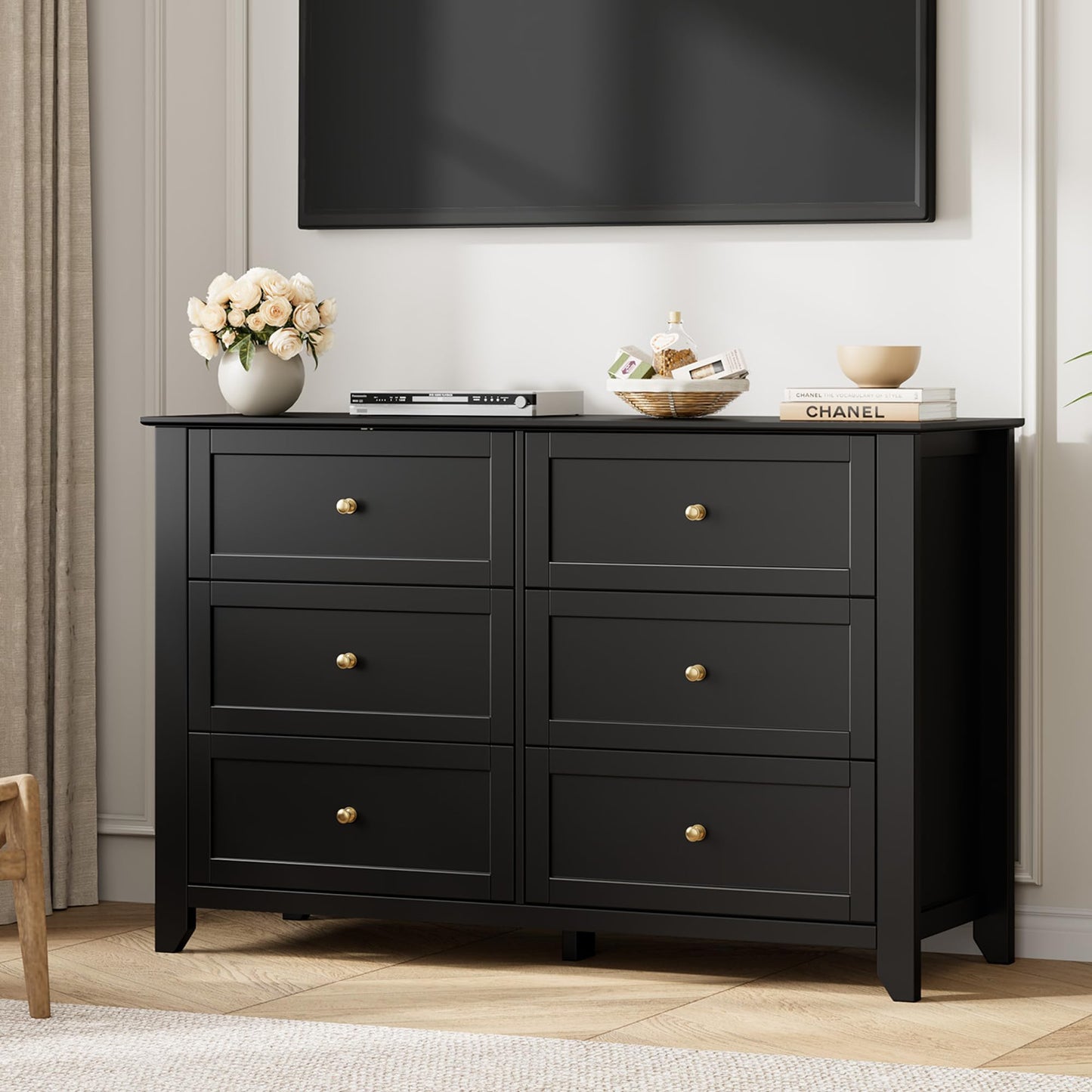 Garvee 6 Drawer Dresser for Bedroom, 47.2" Wide Modern Large Chest of Drawers with Metal Knobs, Wooden Clothes Storage Organizer for Closet, Nursery, Living Room, Apartment, Black