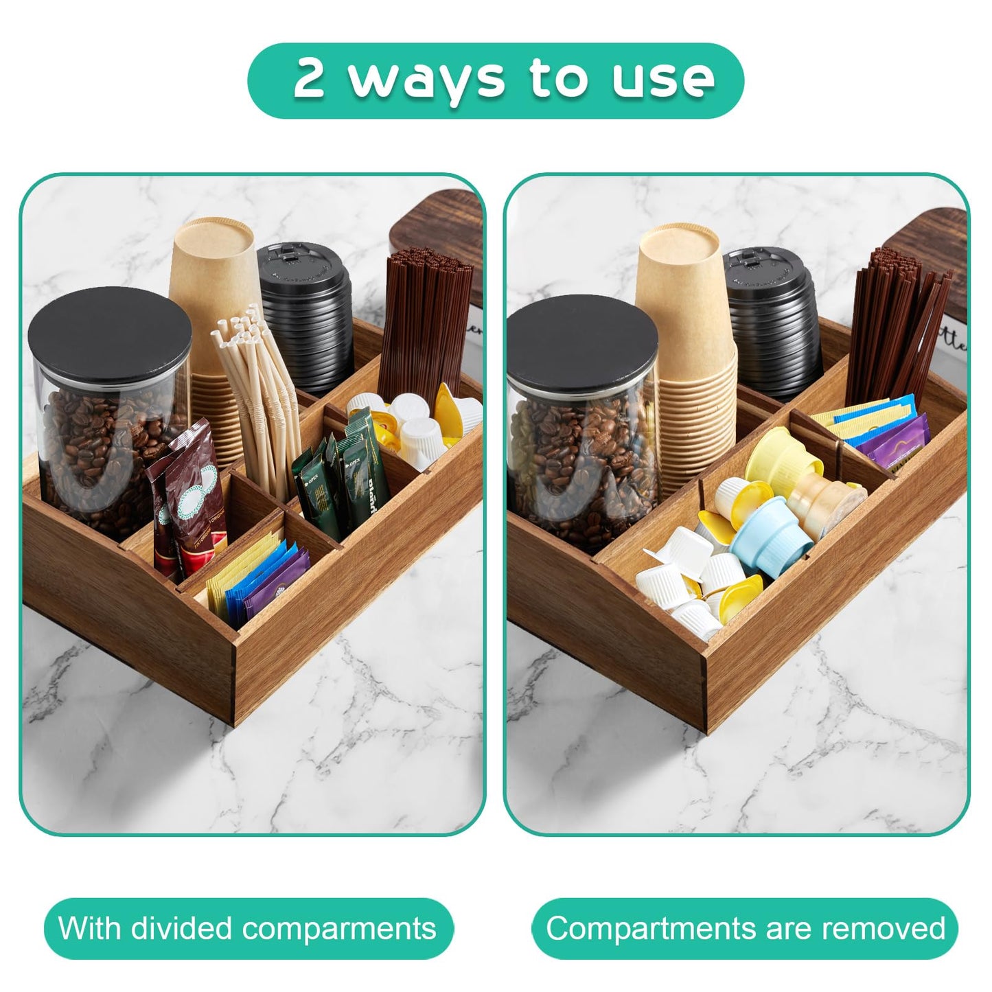 ALELION Acacia Wood Coffee Station Organizer for Countertop - 7 Compartments Coffee Bar Accessories and Organizer with Removable Dividers - Coffee and Tea Condiment storage Organizer