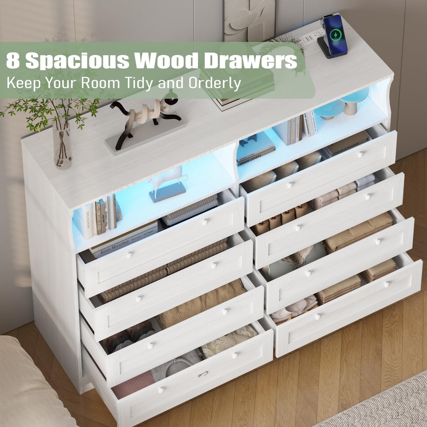 GAOMON 8 Drawer Wooden Dressers for Bedroom with Power Outlet and LED Lights, White Wood Chest of Drawers with Deep Drawer, Modern Wide TV Stand Dresser for 55" TV for Bedroom, Living Room, Hallway