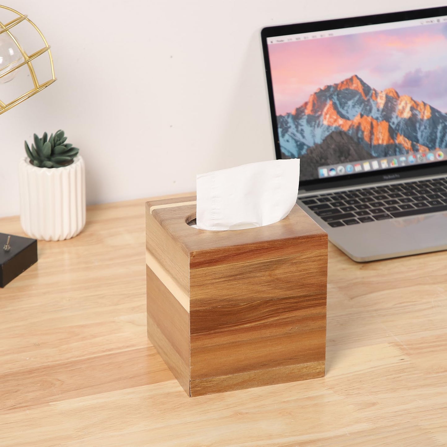 CATORY Tissue Box Cover, Acacia Wood Tissue Box Cover Square, Rustic Tissue Box Holder Covers Your Tissues, Decorative Tissue Cube Box Cover with Slide-Out Bottom