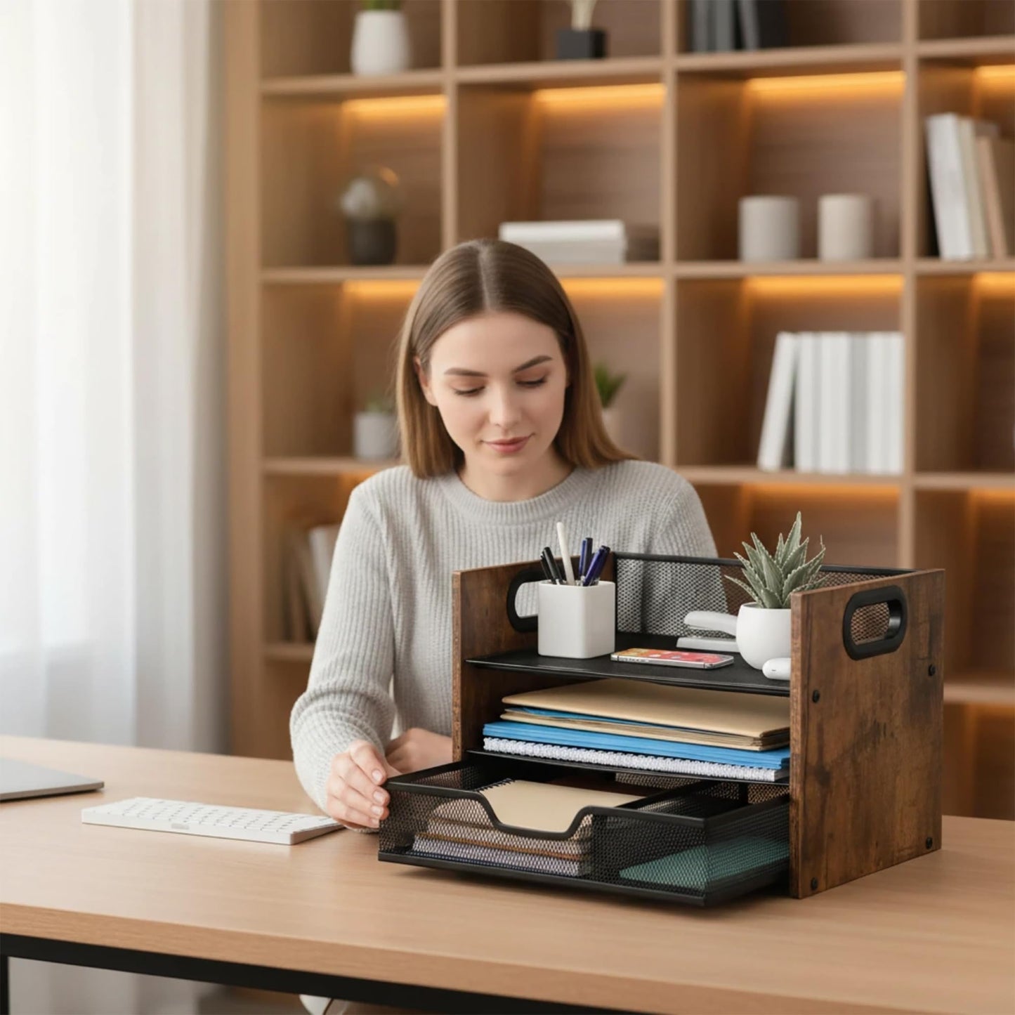 Boershun Wood Desk Organizer - 3-Tier Desktop File Organizer with Drawer, Wooden Paper Tray, Office Desk Organzier and Accessories for Papers, Mail, Notebooks, Stationery