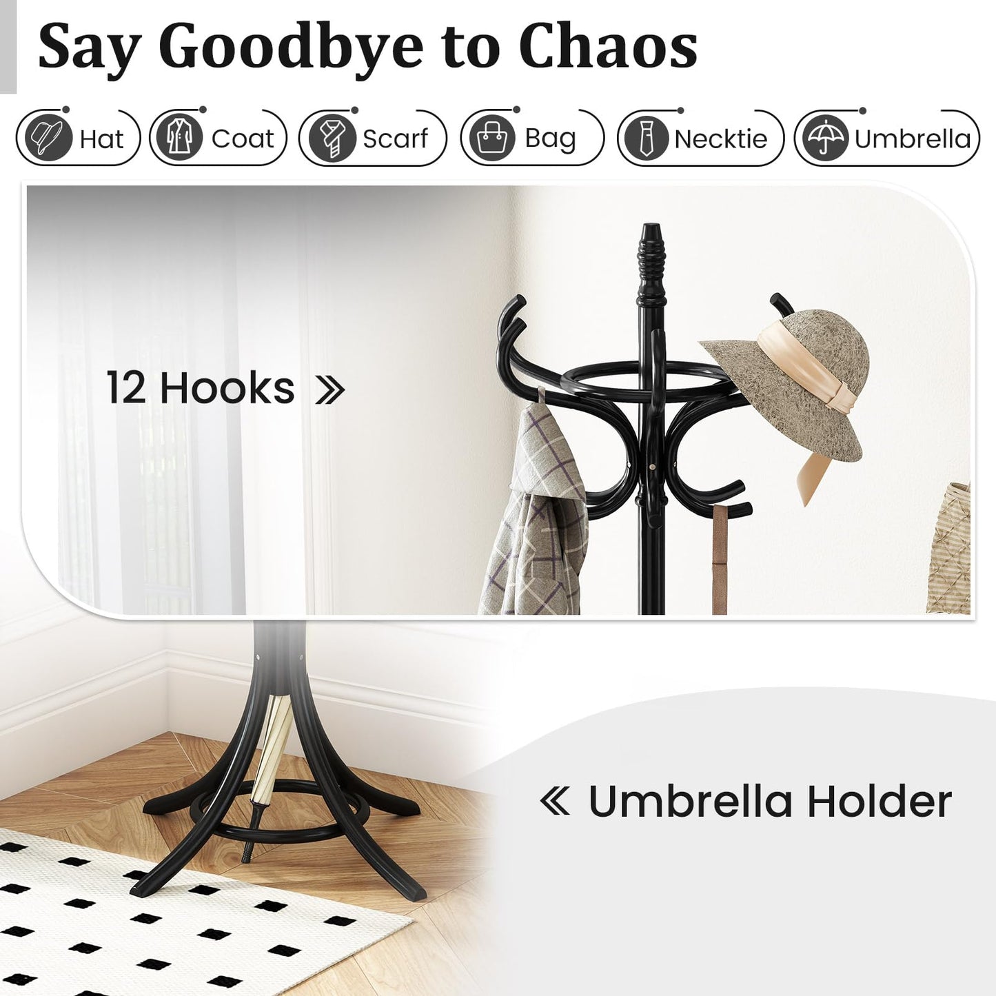 Tangkula Coat Rack with Umbrella Holder, 73 Inch Freestanding Coat Hanger Stand with 12 Hooks, Wooden Entryway Coat Tree for Clothes, Bags, Hats, Scarves, Living Room, Bedroom, Hallway (Black)
