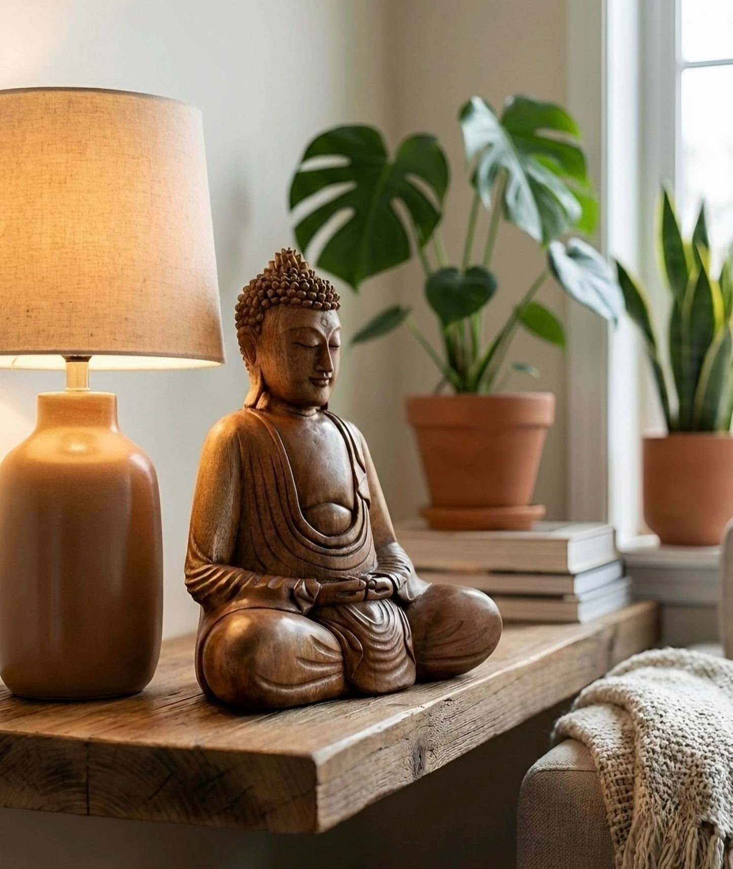 G6 Collection Wooden Serene Sitting Buddha Statue - Handmade Meditating Sculpture - Hand Carved Dhyana Mudra Figurine - Zen Home Decor Accent, Oriental Spiritual Home Room Decoration Gift (8" Tall)