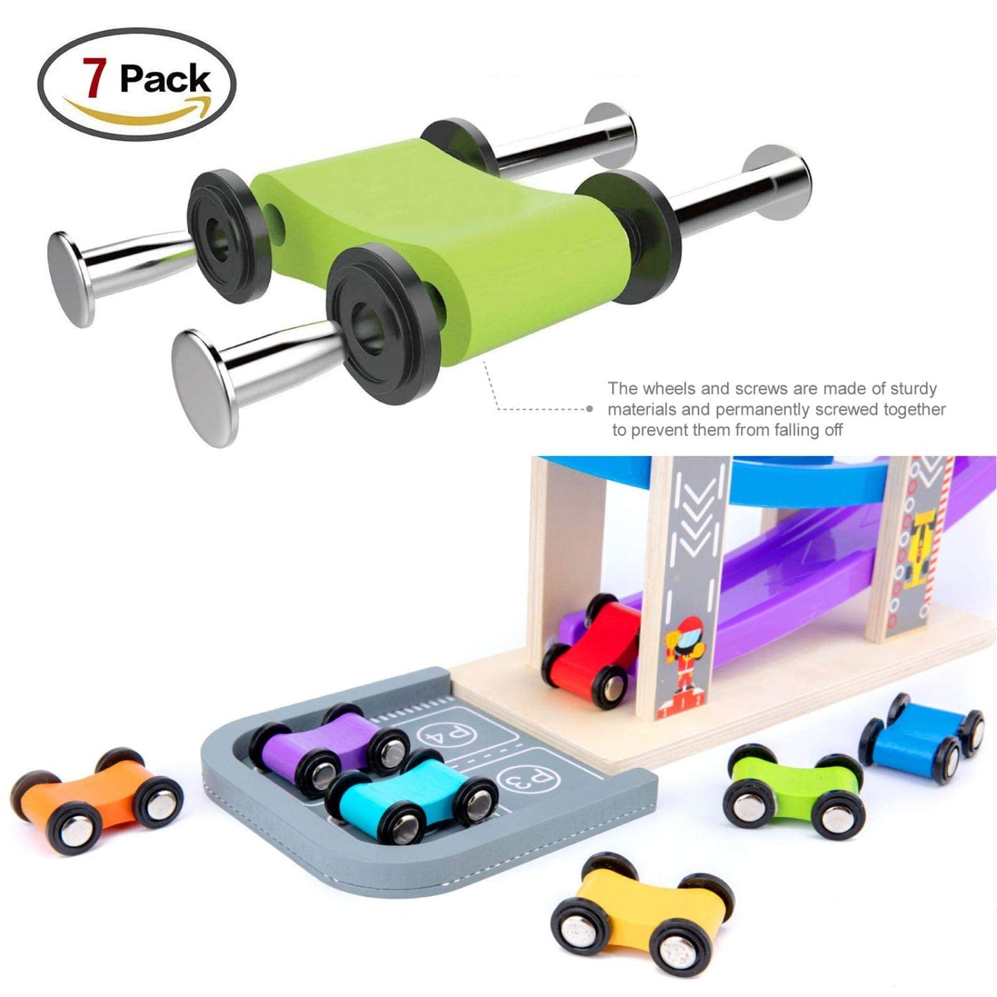 WOOD CITY Toddler Toys for 1 2 3 Years Old, Wooden Car Ramp Racer Toy Vehicle Set with 7 Mini Cars & Race Tracks, Montessori Toys Craft Gift for Toddlers Boys and Girls