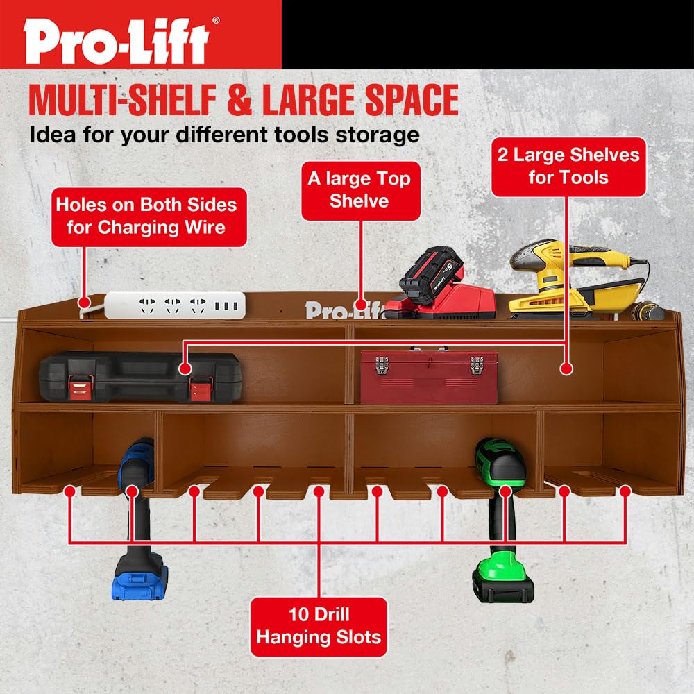 Pro Lift Cordless Drill Organizer – wall mount power tool storage rack, 10 hanging slots, wooden M-005W2