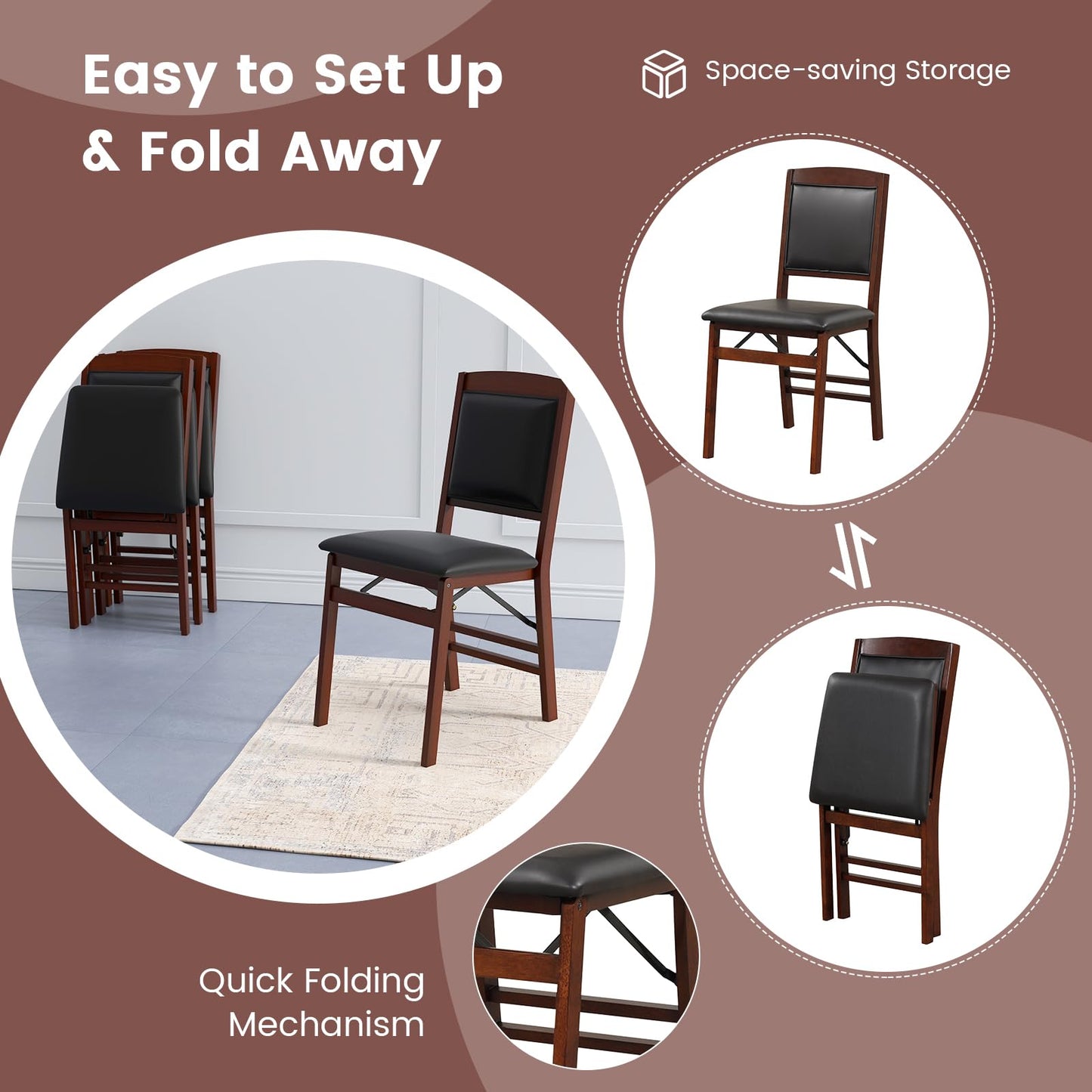 COSTWAY Folding Dining Chairs Set of 2, Wooden Kitchen Side Chairs w/Padded Seat, Solid Wood Frame, 400 LBS Load Bearing, No Assembly Needed, Vintage Foldable Chairs for Dining Room, Living Room