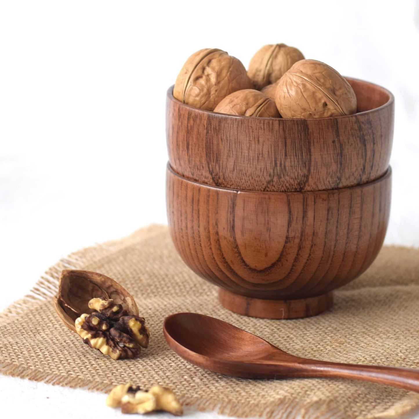 Kanhaom Small Wooden Bowls and Spoons, 10oz. Portion Control Bowls for Snack, Dessert, Japanese Serving Bowls for Rice, Soup, Solid Wood Bowls for Decor (4 Bowls - 4.1IN)